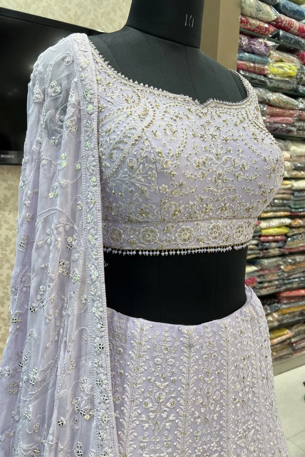 Light Lavender Lucknowi Thread, Pearl, Stone and Sequins work Crop Top Lehenga