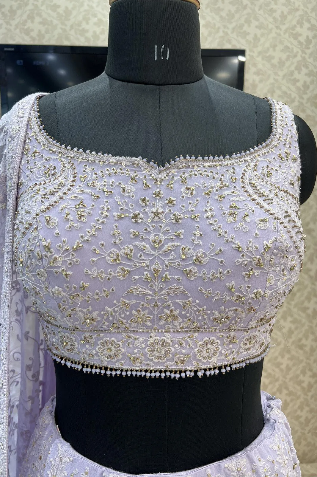 Light Lavender Lucknowi Thread, Pearl, Stone and Sequins work Crop Top Lehenga