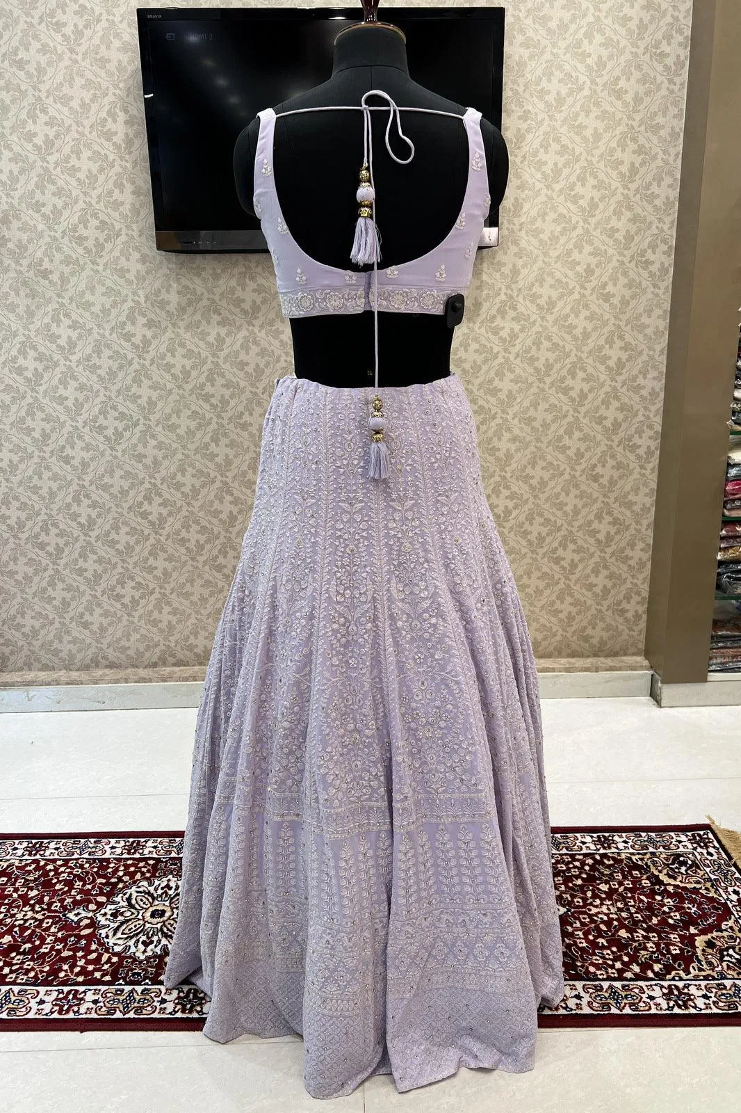 Light Lavender Lucknowi Thread, Pearl, Stone and Sequins work Crop Top Lehenga