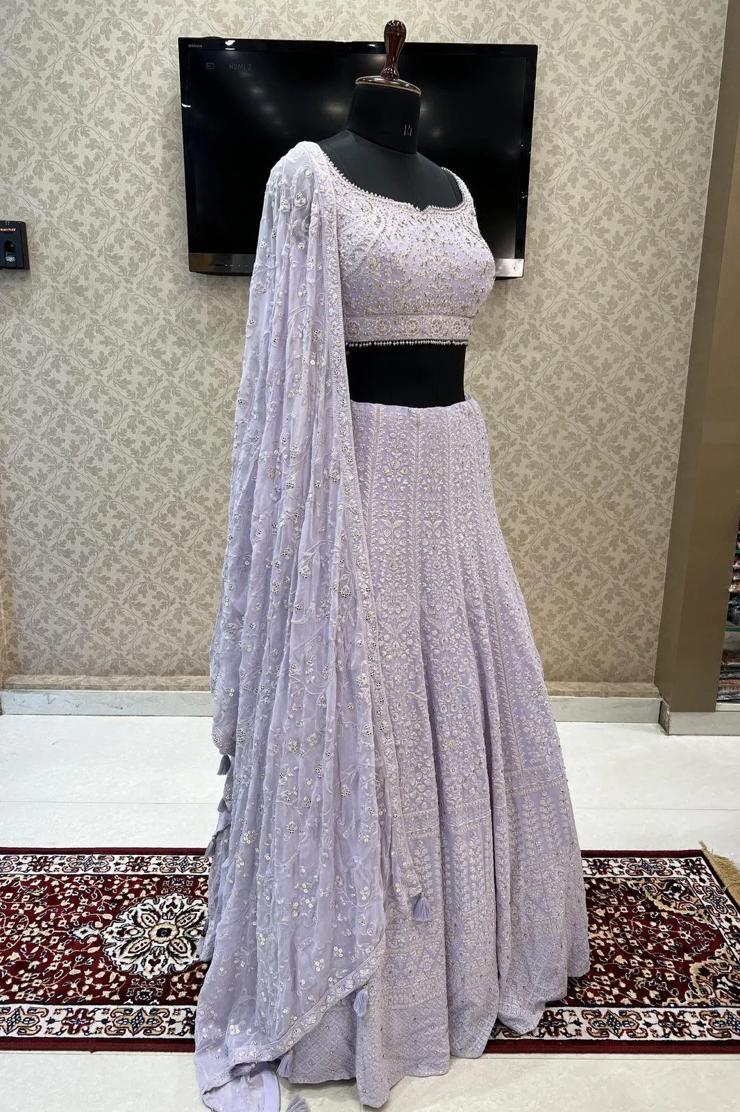 Light Lavender Lucknowi Thread, Pearl, Stone and Sequins work Crop Top Lehenga