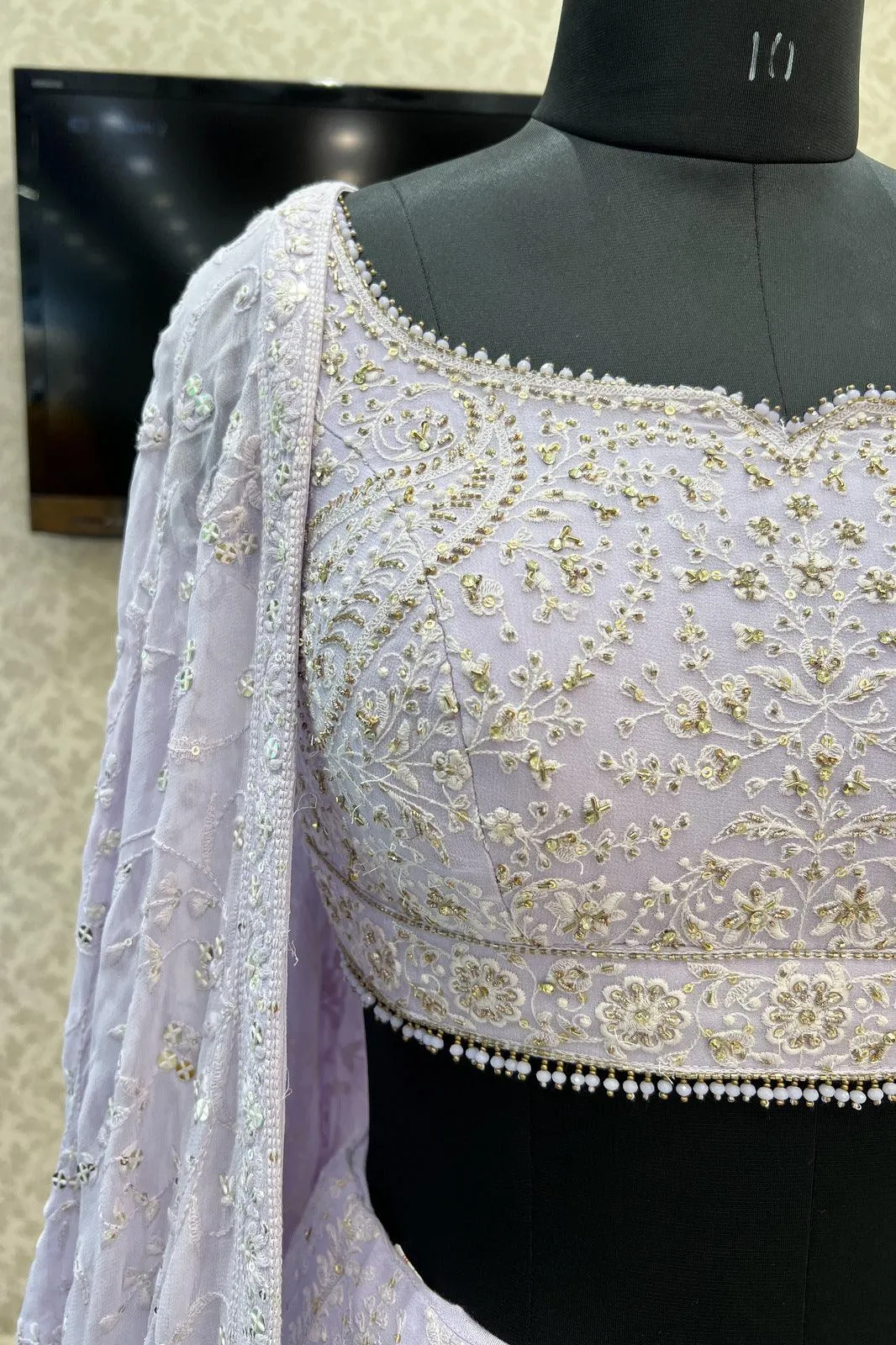 Light Lavender Lucknowi Thread, Pearl, Stone and Sequins work Crop Top Lehenga