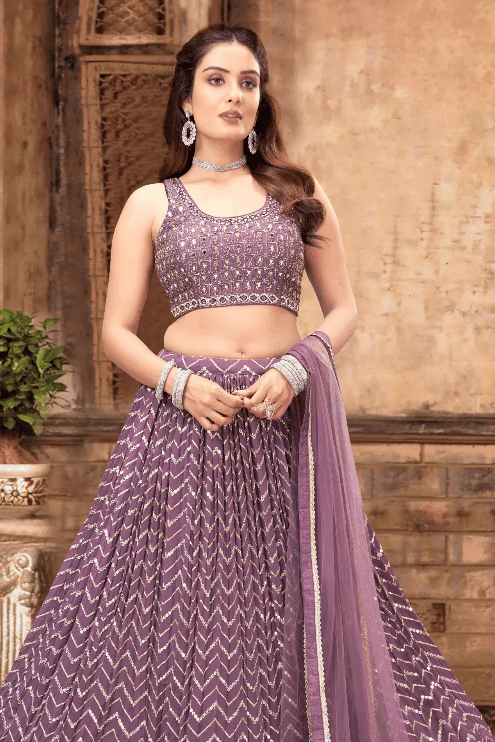 Light Purple Mirror, Beads, Stone, Kundan, Sequins and Zari work Crop Top Lehenga