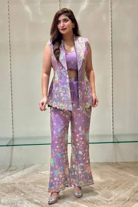 Lilac Multicolor Embroidery, Sequins and Mirror work Overcoat Styled Cord Set