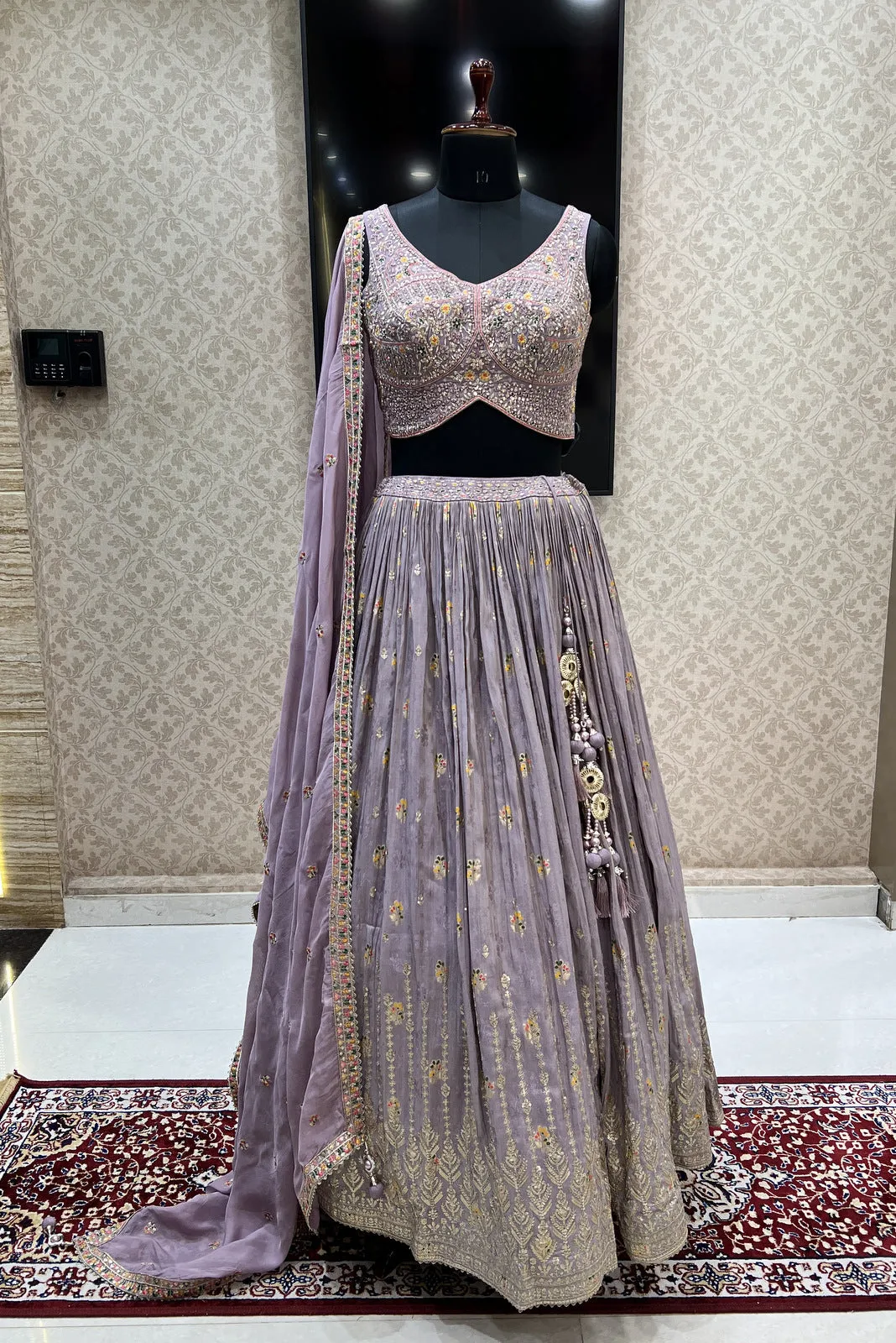 Lilac Sequins, Mirror, Beads Banaras and Multicolor Thread work Crop Top Lehenga