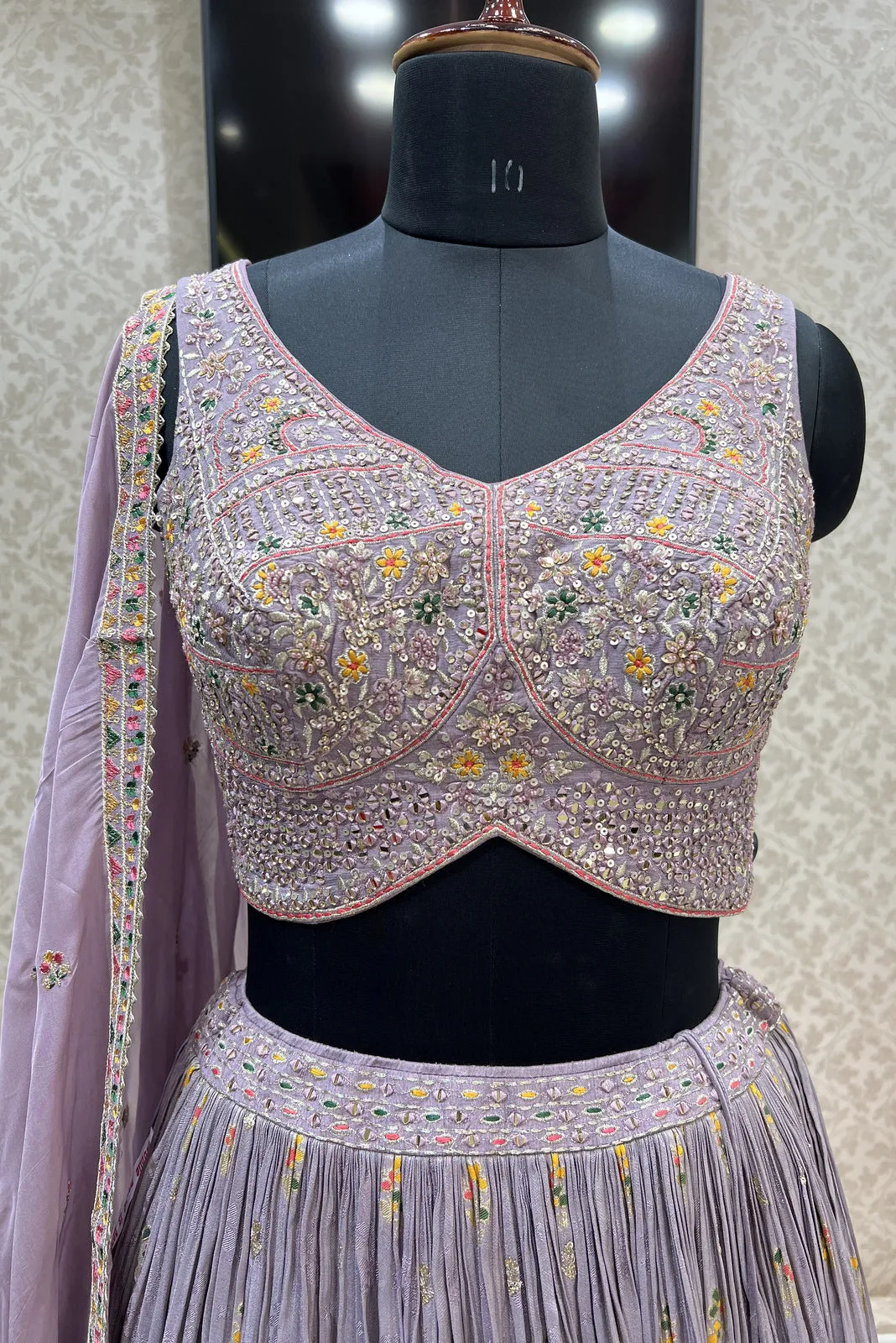 Lilac Sequins, Mirror, Beads Banaras and Multicolor Thread work Crop Top Lehenga