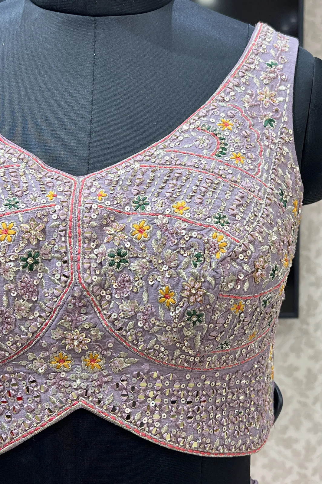 Lilac Sequins, Mirror, Beads Banaras and Multicolor Thread work Crop Top Lehenga