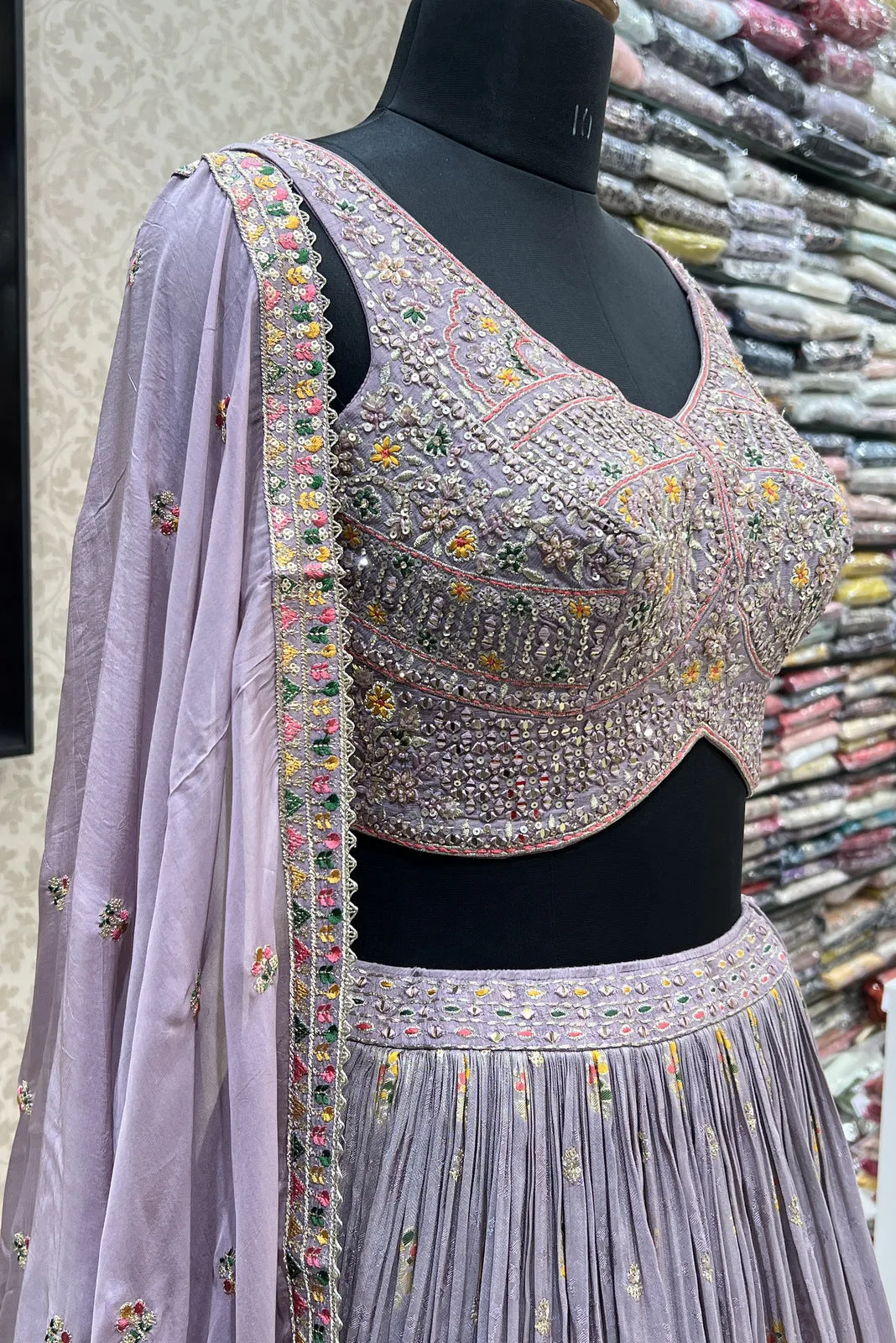 Lilac Sequins, Mirror, Beads Banaras and Multicolor Thread work Crop Top Lehenga