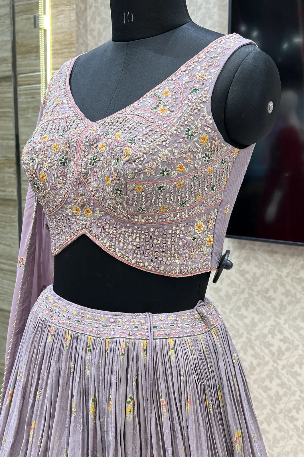 Lilac Sequins, Mirror, Beads Banaras and Multicolor Thread work Crop Top Lehenga