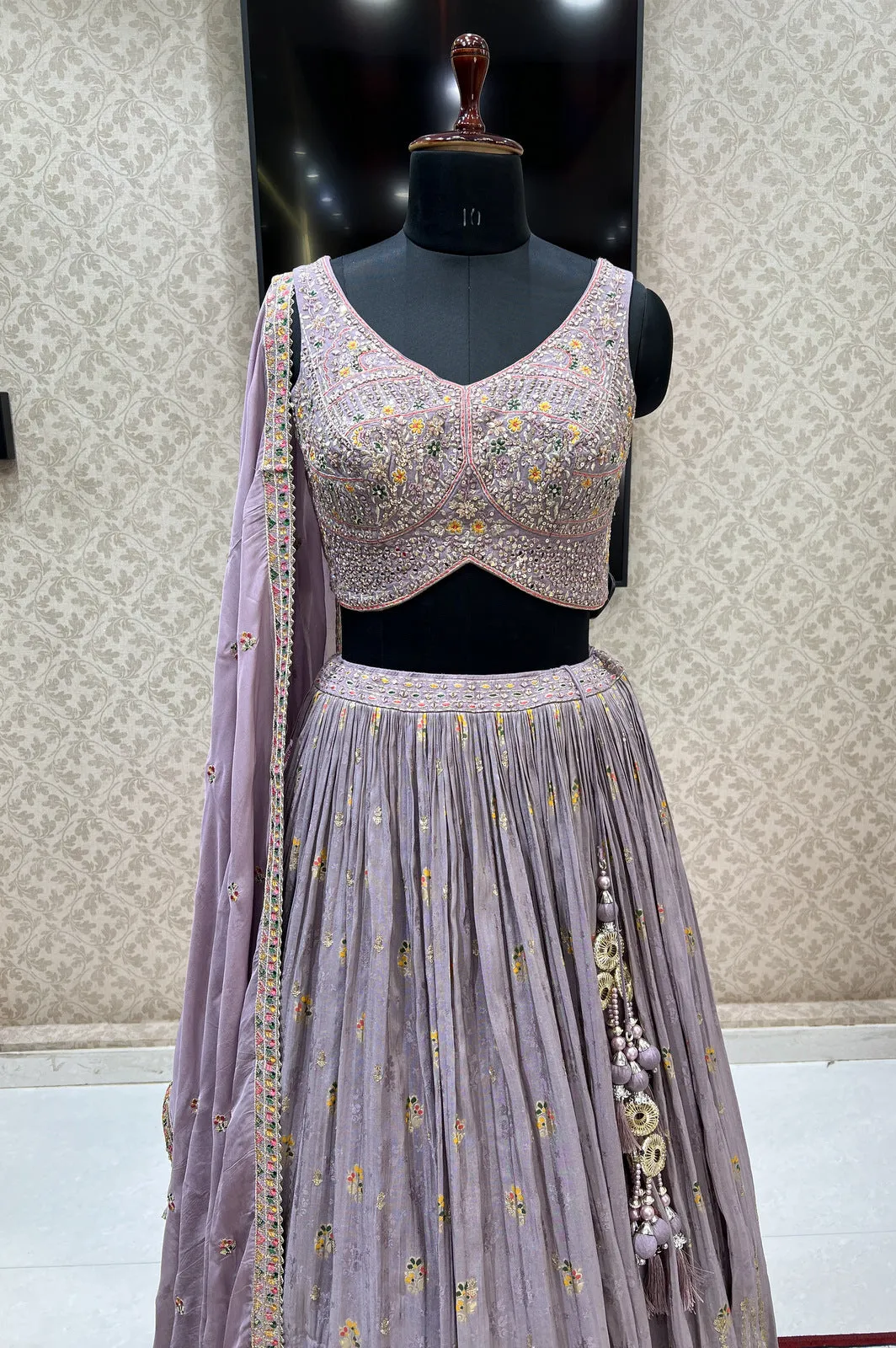 Lilac Sequins, Mirror, Beads Banaras and Multicolor Thread work Crop Top Lehenga