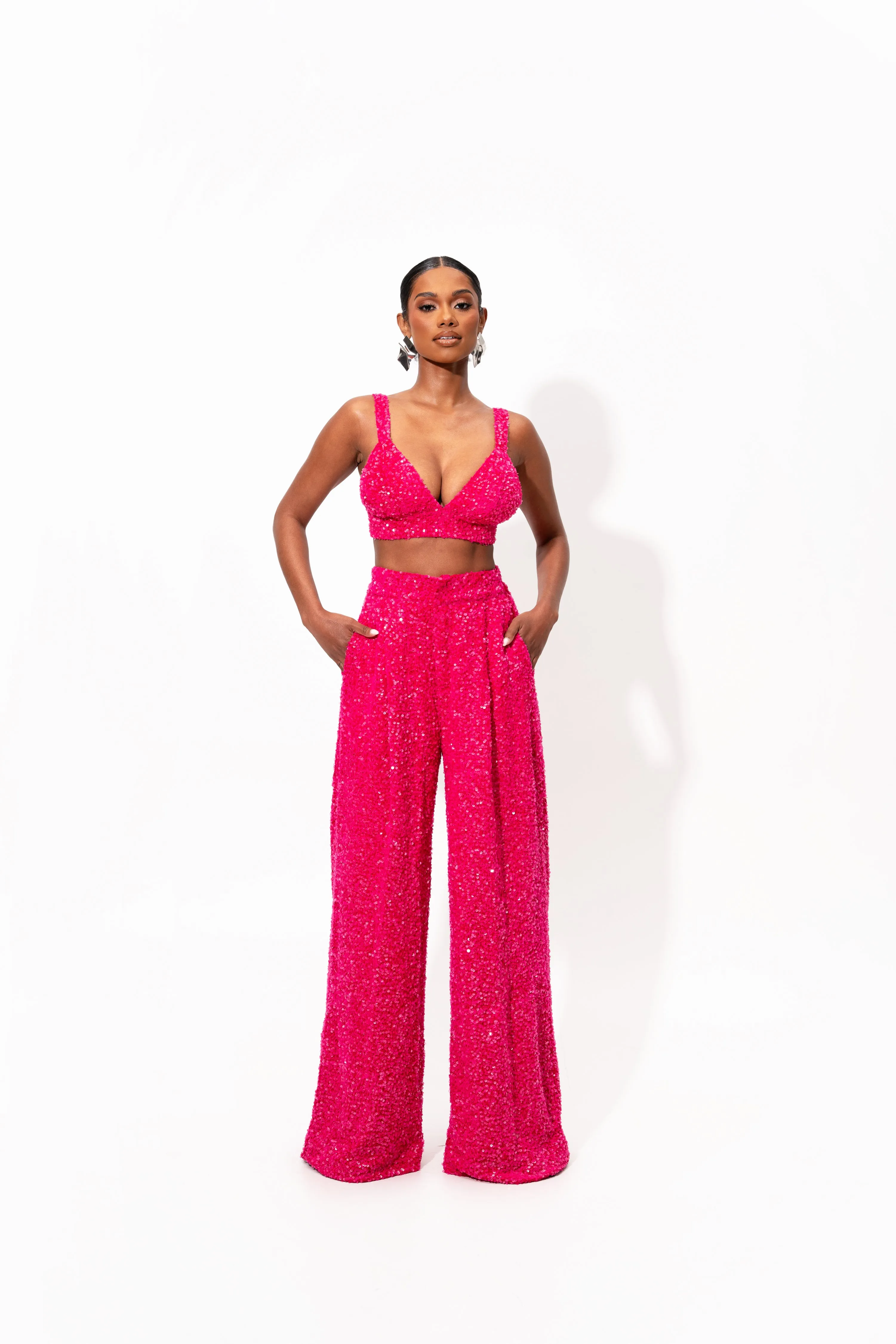 LIZA Sequin Pant Set in FUCHSIA