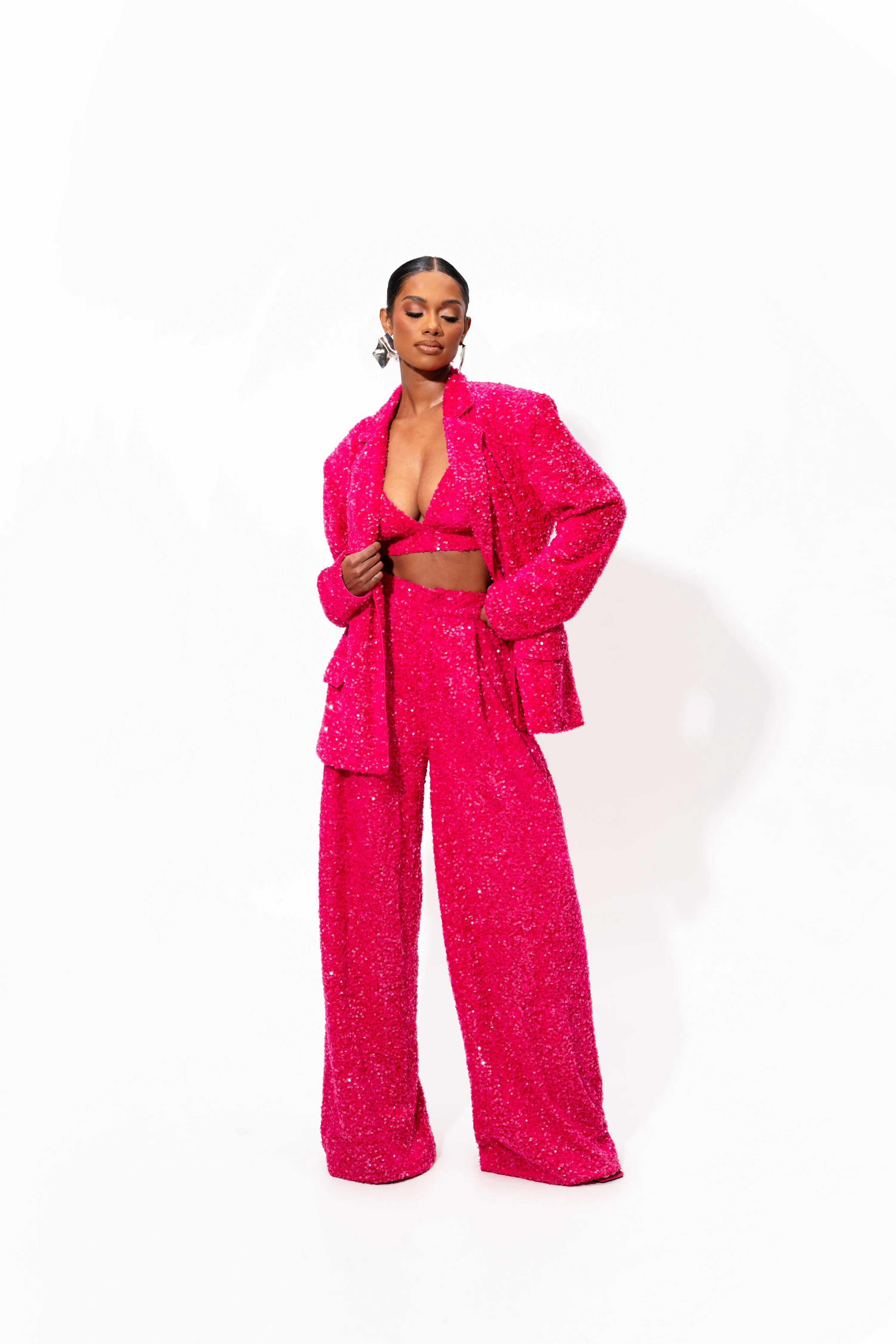 LIZA Sequin Pant Set in FUCHSIA