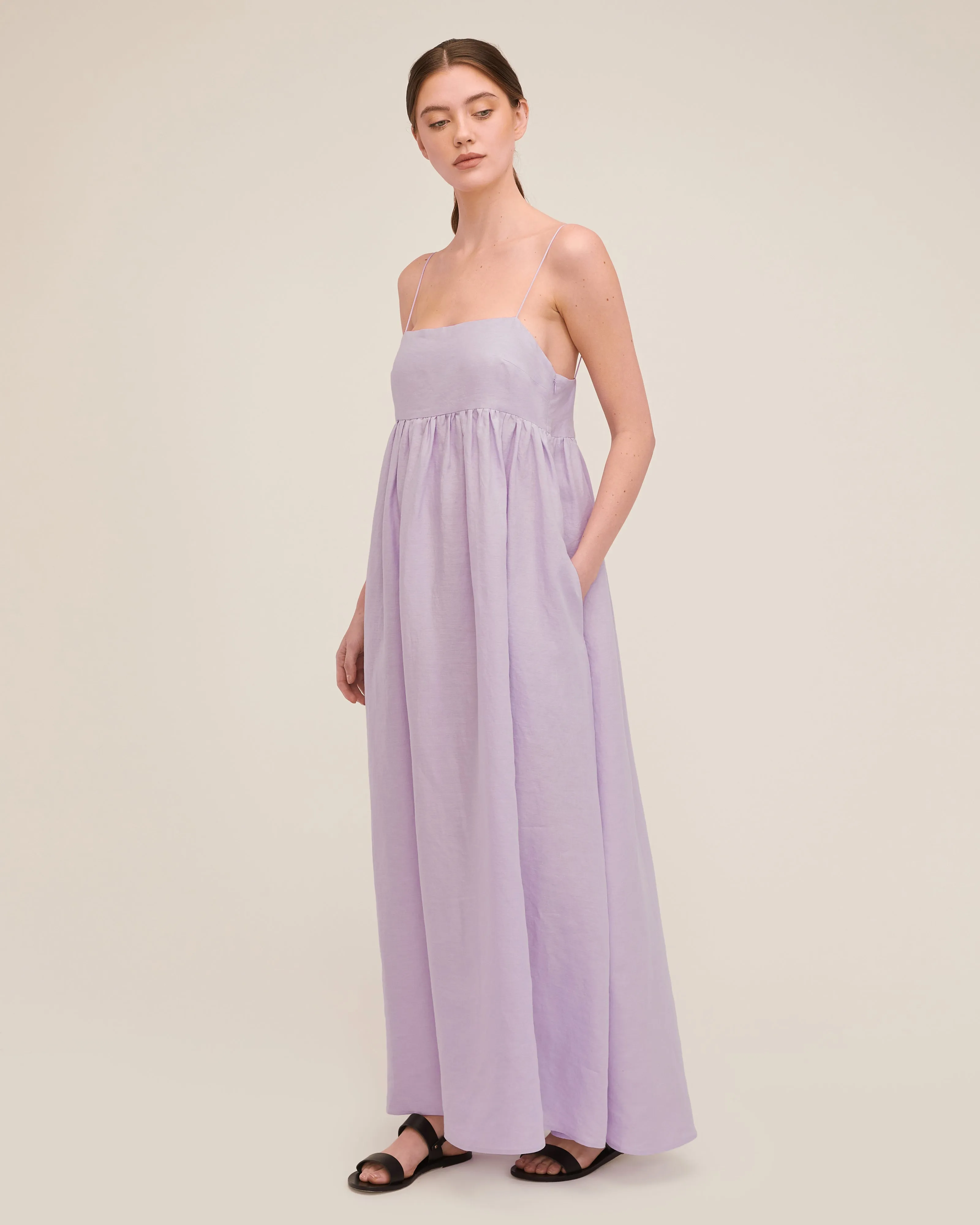 Luna Linen Empire Maxi Dress in Lilac