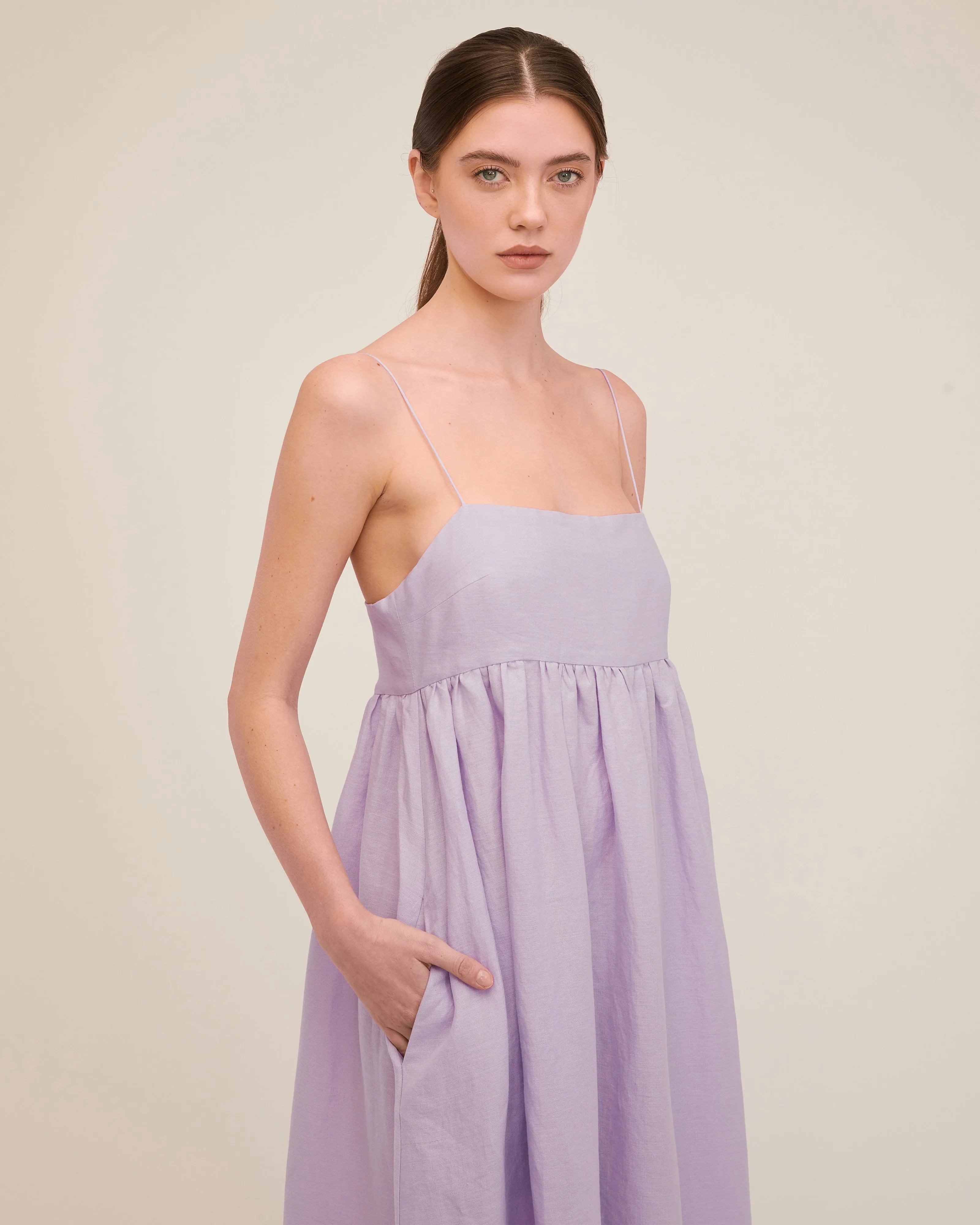 Luna Linen Empire Maxi Dress in Lilac