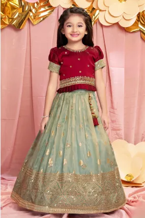 Maroon with Sea Green Zari, Sequins and Thread work Lehenga Choli for Girls