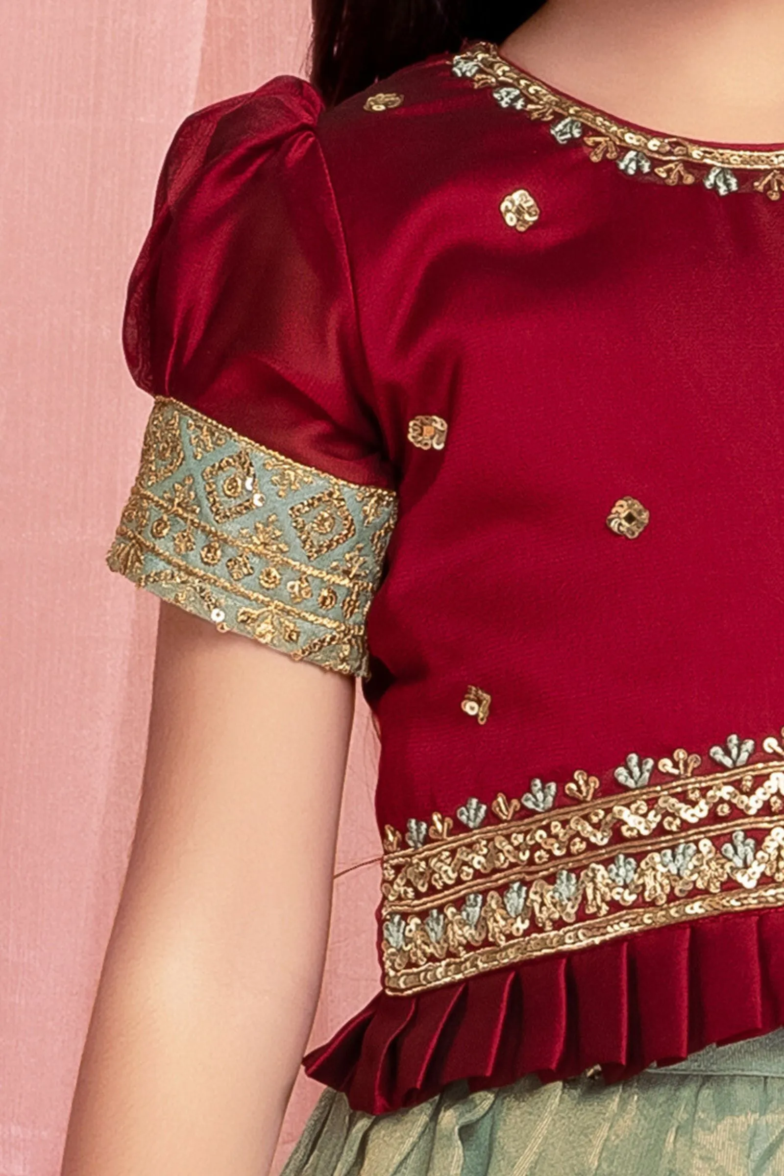 Maroon with Sea Green Zari, Sequins and Thread work Lehenga Choli for Girls