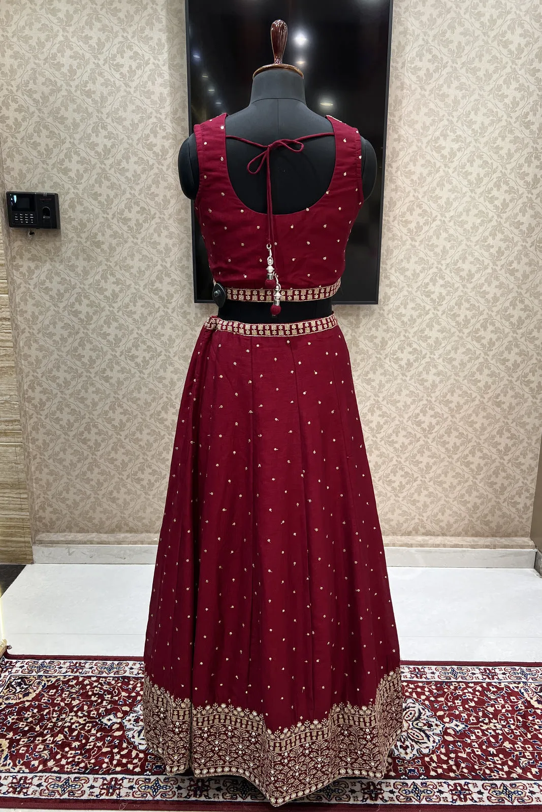 Maroon Zari and Sequins work Crop Top Lehenga