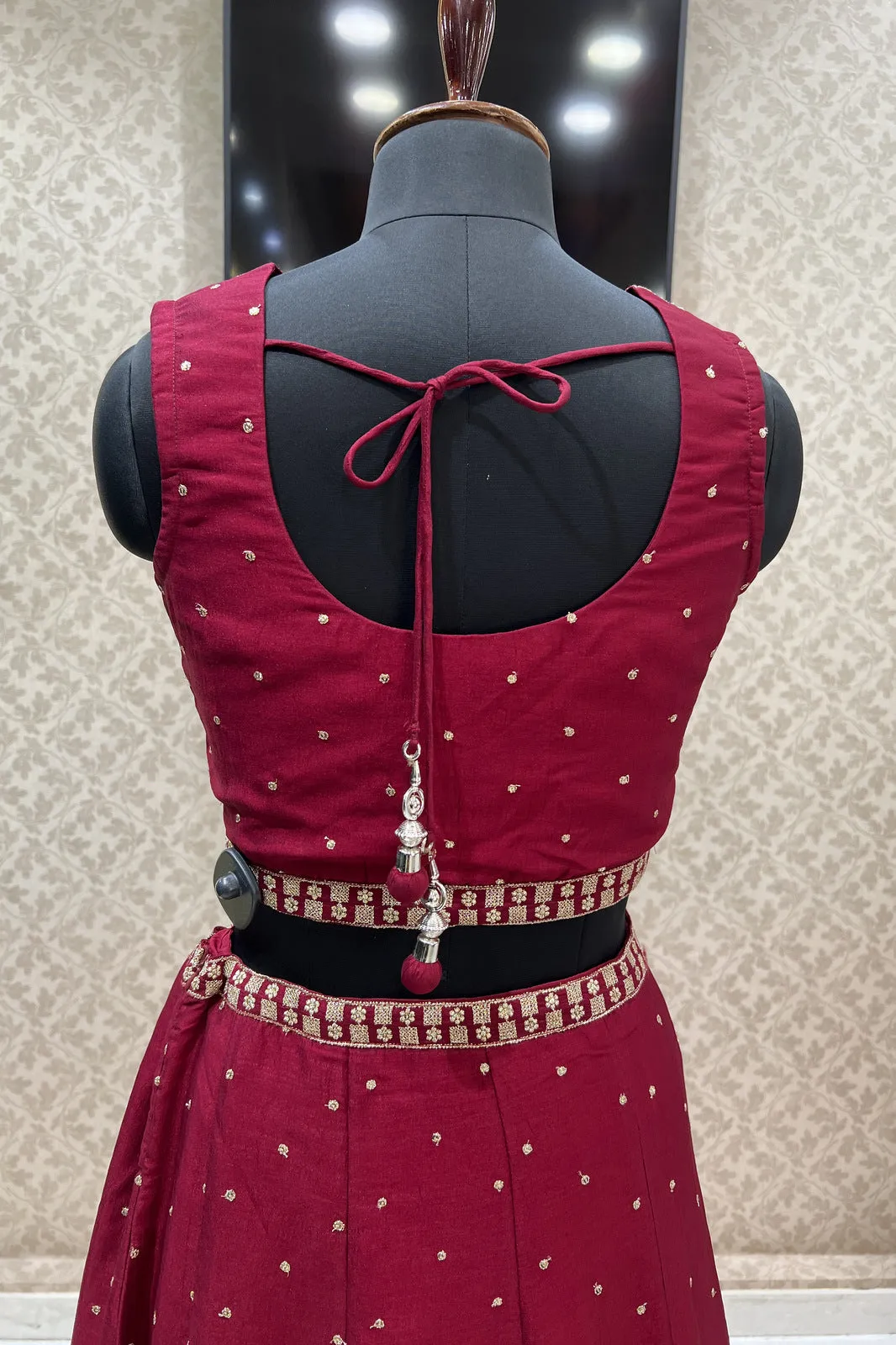 Maroon Zari and Sequins work Crop Top Lehenga