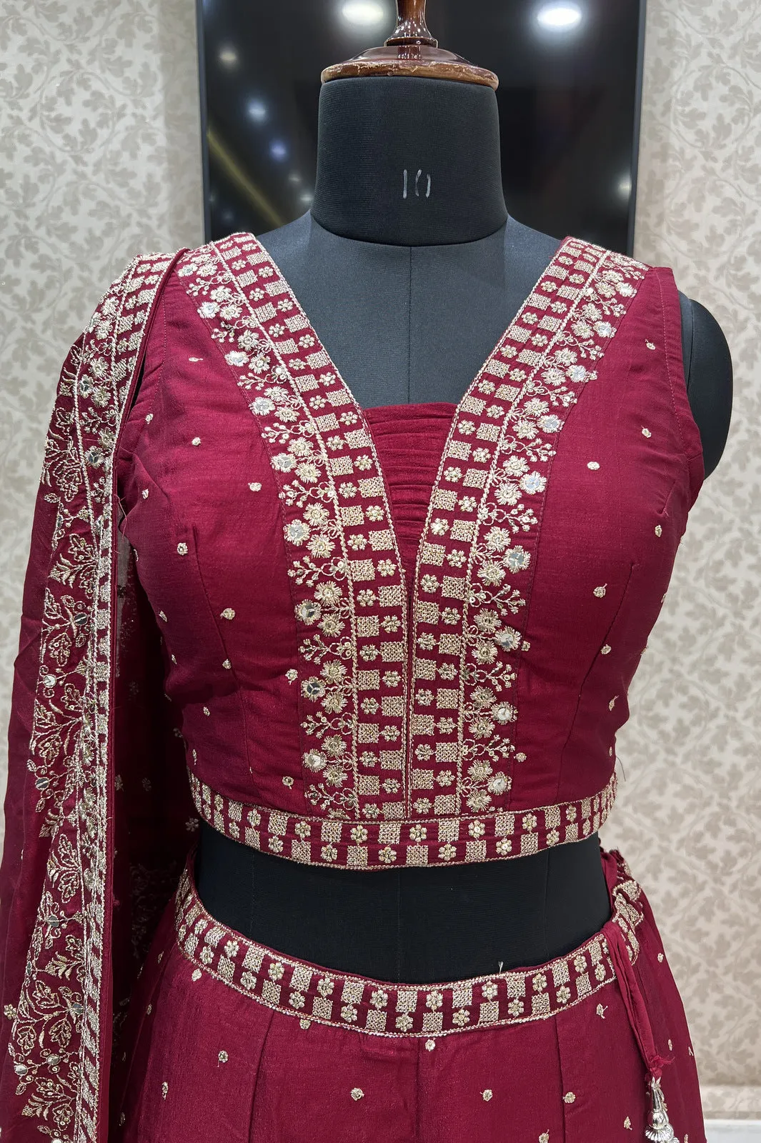 Maroon Zari and Sequins work Crop Top Lehenga