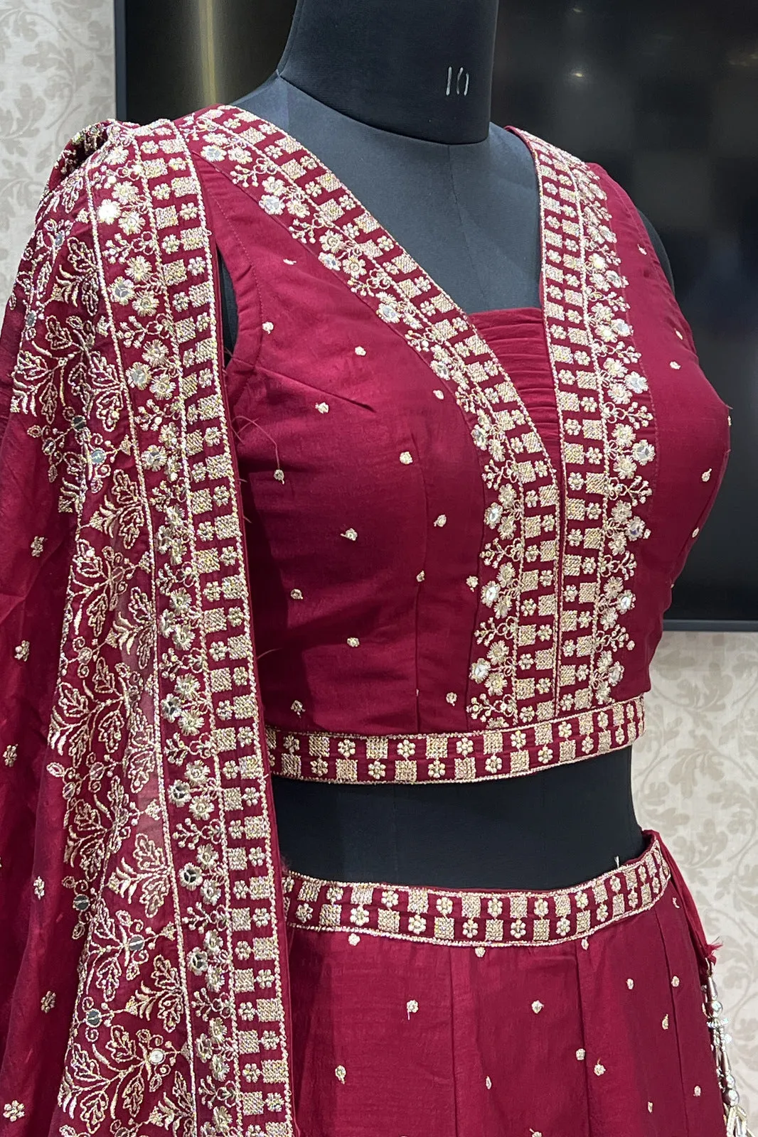 Maroon Zari and Sequins work Crop Top Lehenga