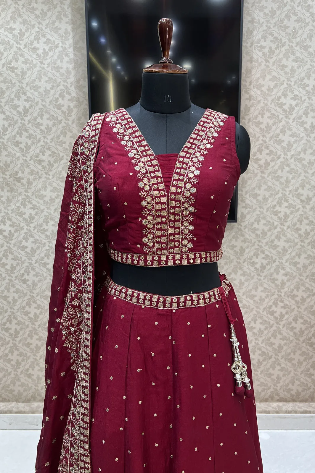 Maroon Zari and Sequins work Crop Top Lehenga