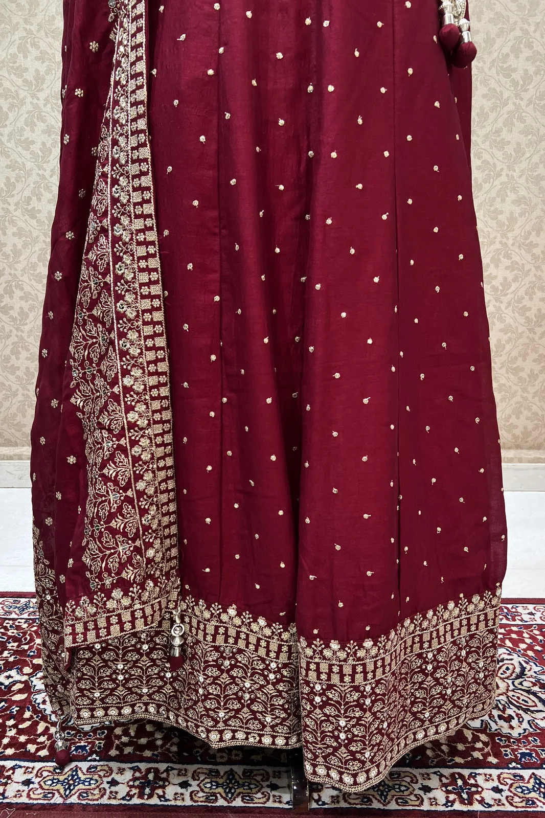 Maroon Zari and Sequins work Crop Top Lehenga