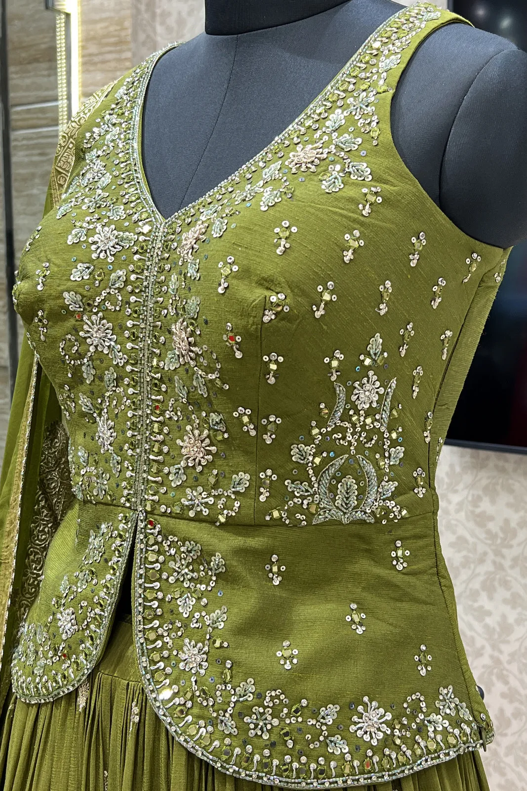 Mehendi Green Sequins, Beads, Mirror, Banaras and Stone work Peplum Style Lehenga