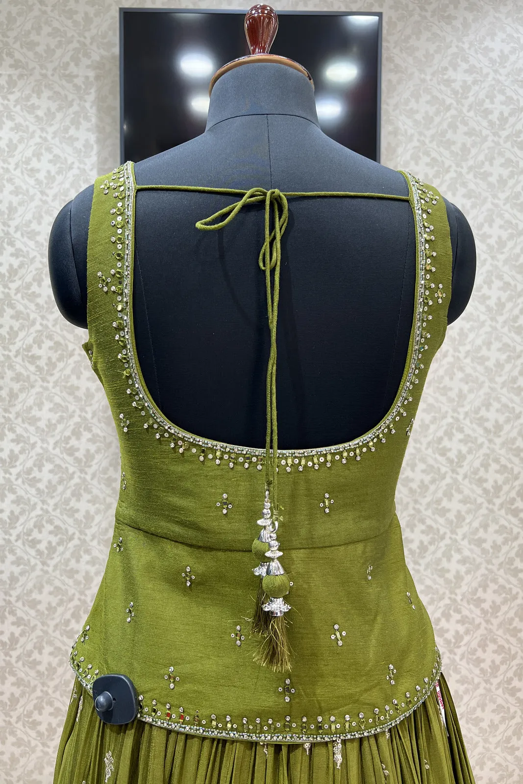 Mehendi Green Sequins, Beads, Mirror, Banaras and Stone work Peplum Style Lehenga