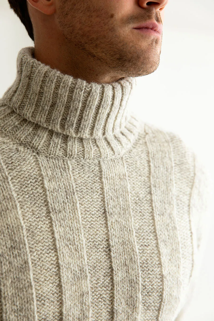 Mens Natural Ribbed Polo Neck Jumper - undyed