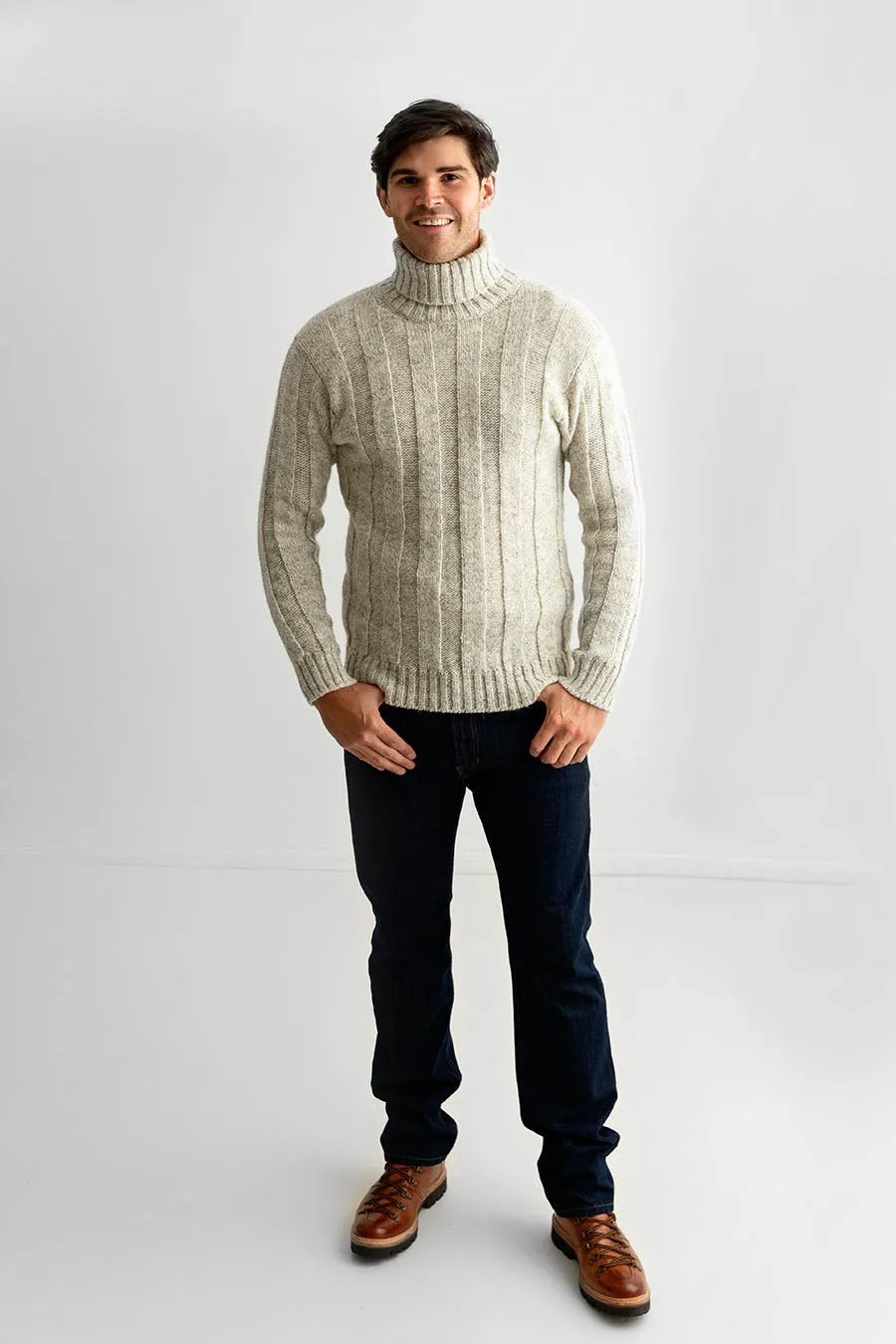 Mens Natural Ribbed Polo Neck Jumper - undyed