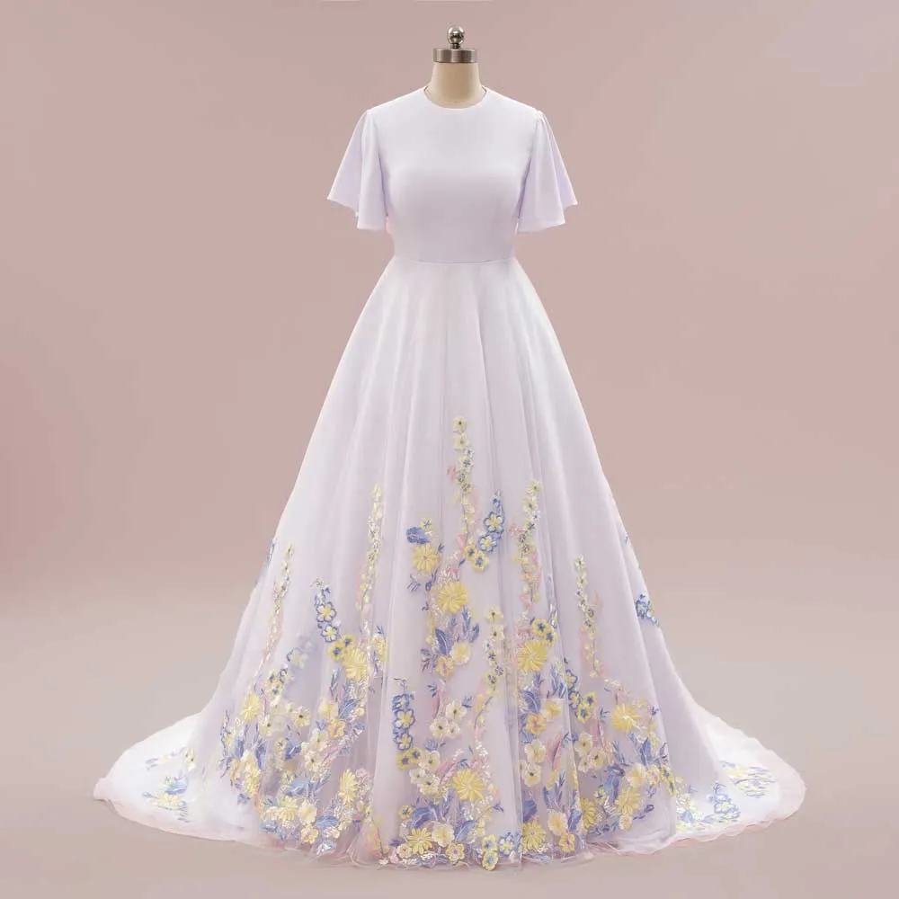 Modest A-line Wedding Dress with Color Embroidered Lace | ROSEMARIE