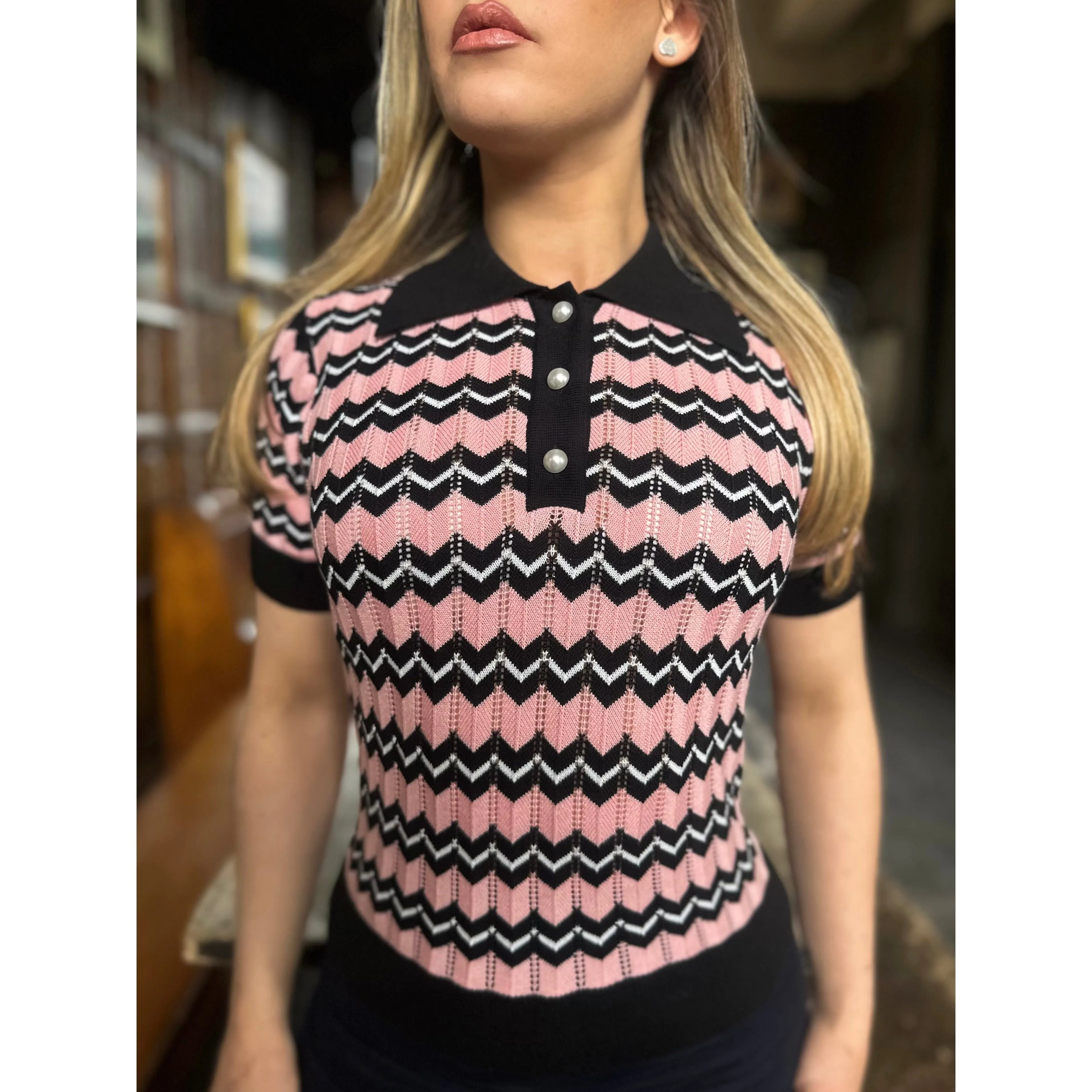 Mr Bridger - Women's Supremely Fine Gauge Pink / Black - Polo Knit