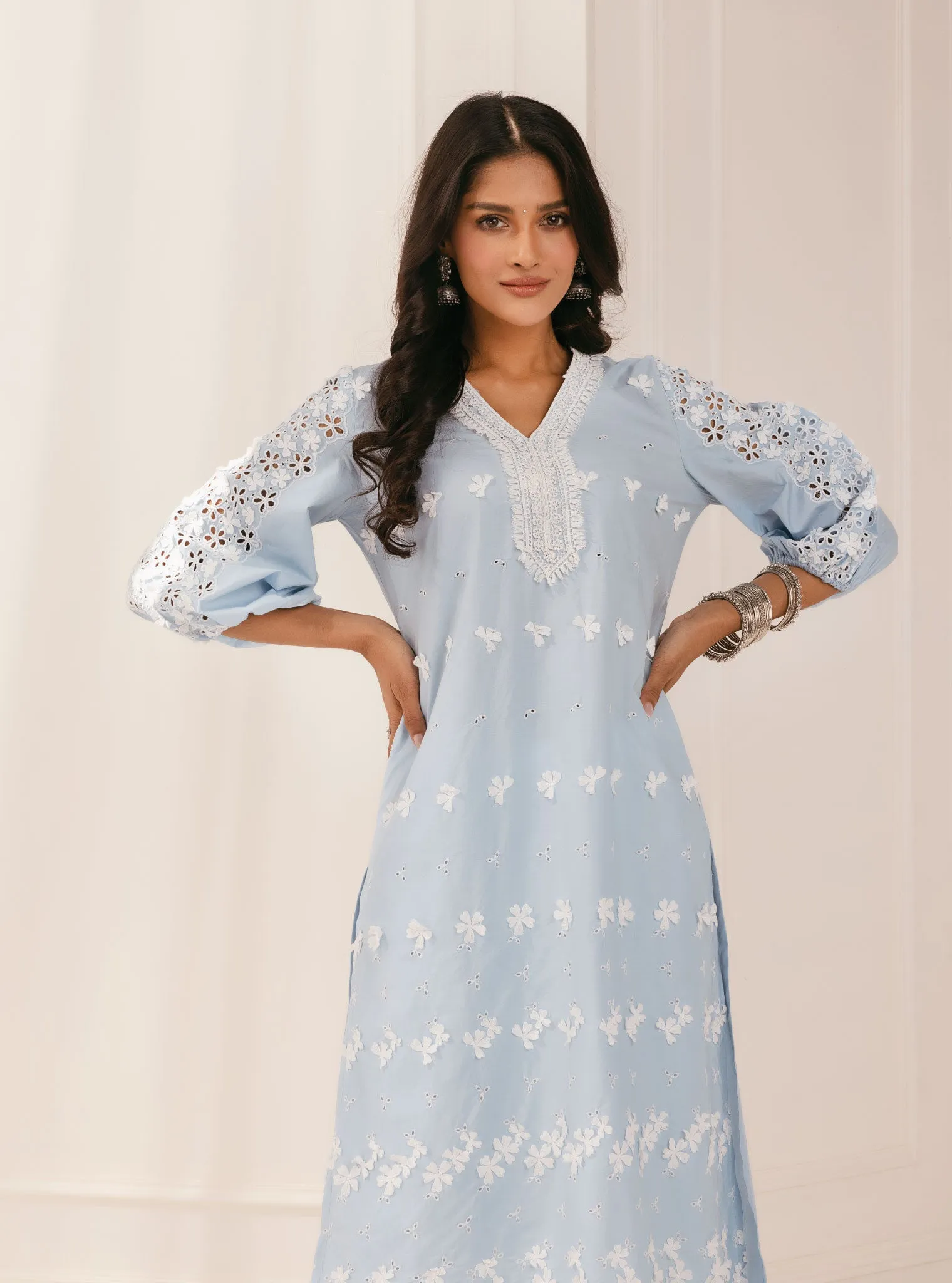 Mulmul Cotton Asota Blue Kurta With Eyelet Pant