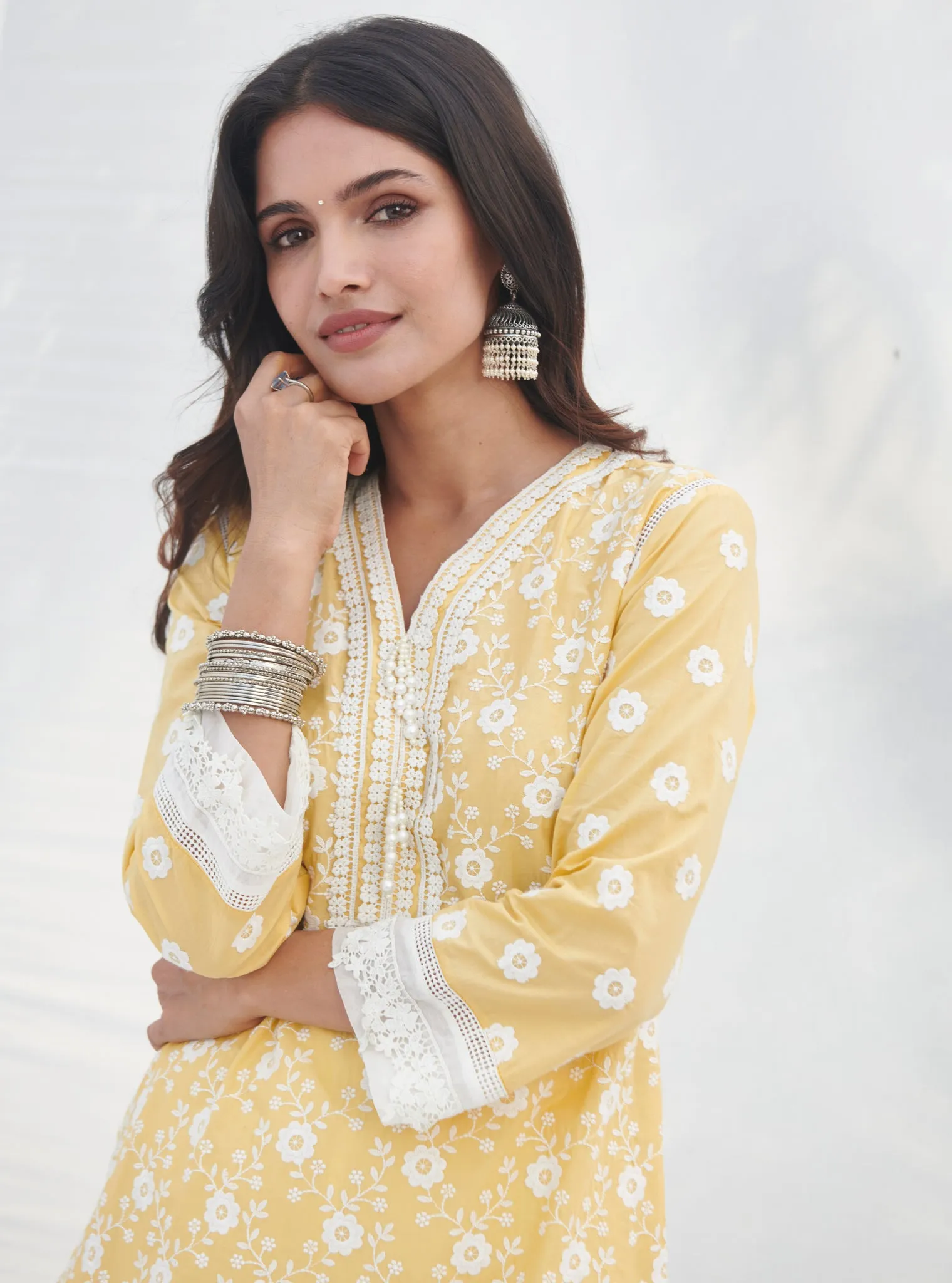 Mulmul Cotton Codli Yellow Kurta With Mulmul Cotton Applique Organza Panel White Pant