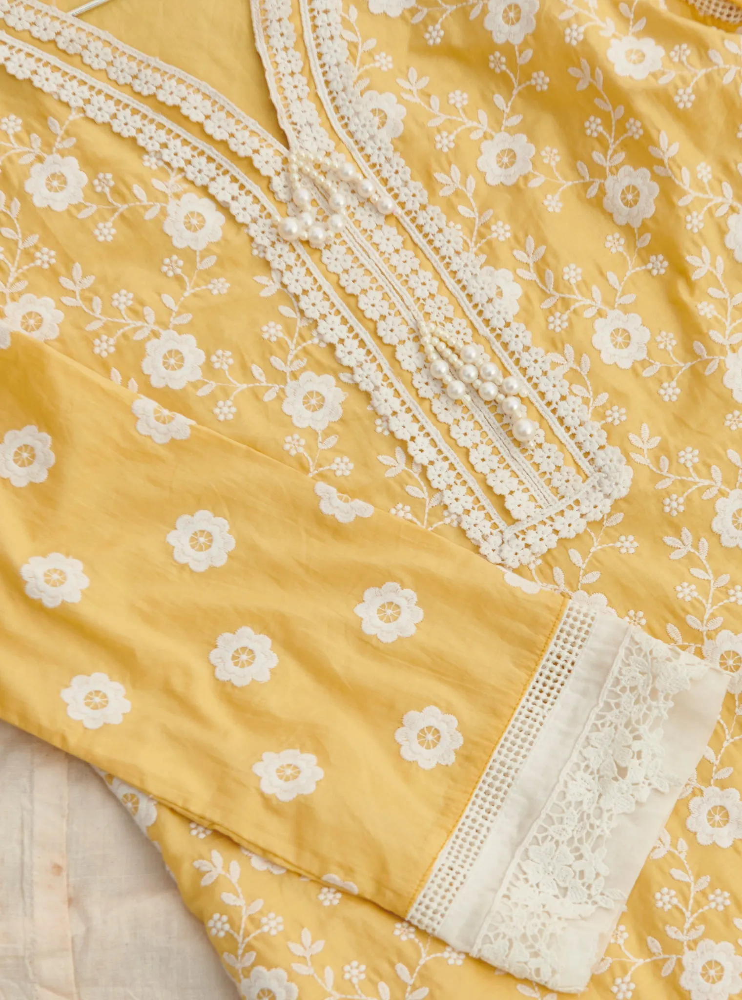 Mulmul Cotton Codli Yellow Kurta With Mulmul Cotton Applique Organza Panel White Pant