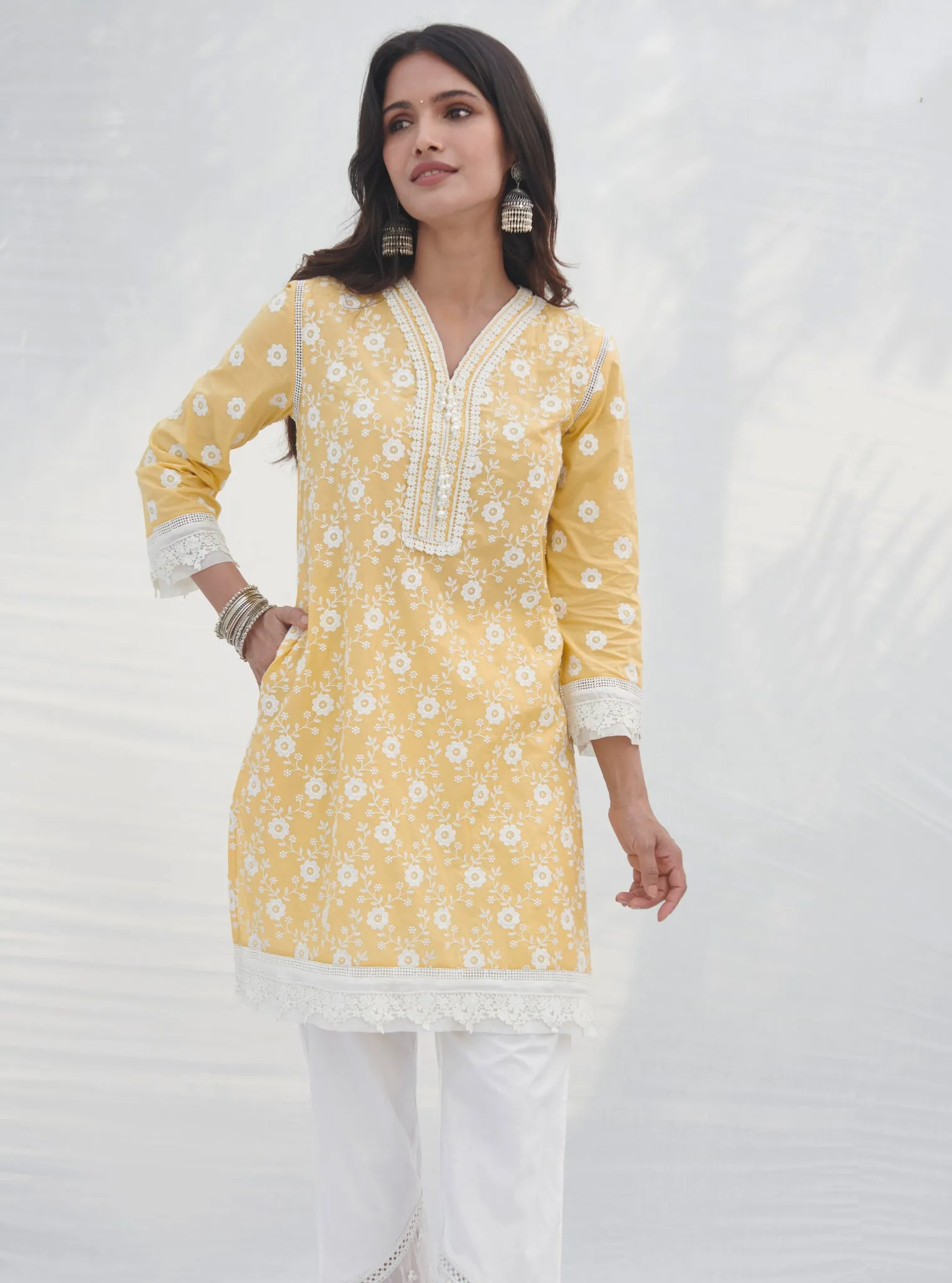 Mulmul Cotton Codli Yellow Kurta With Mulmul Cotton Applique Organza Panel White Pant