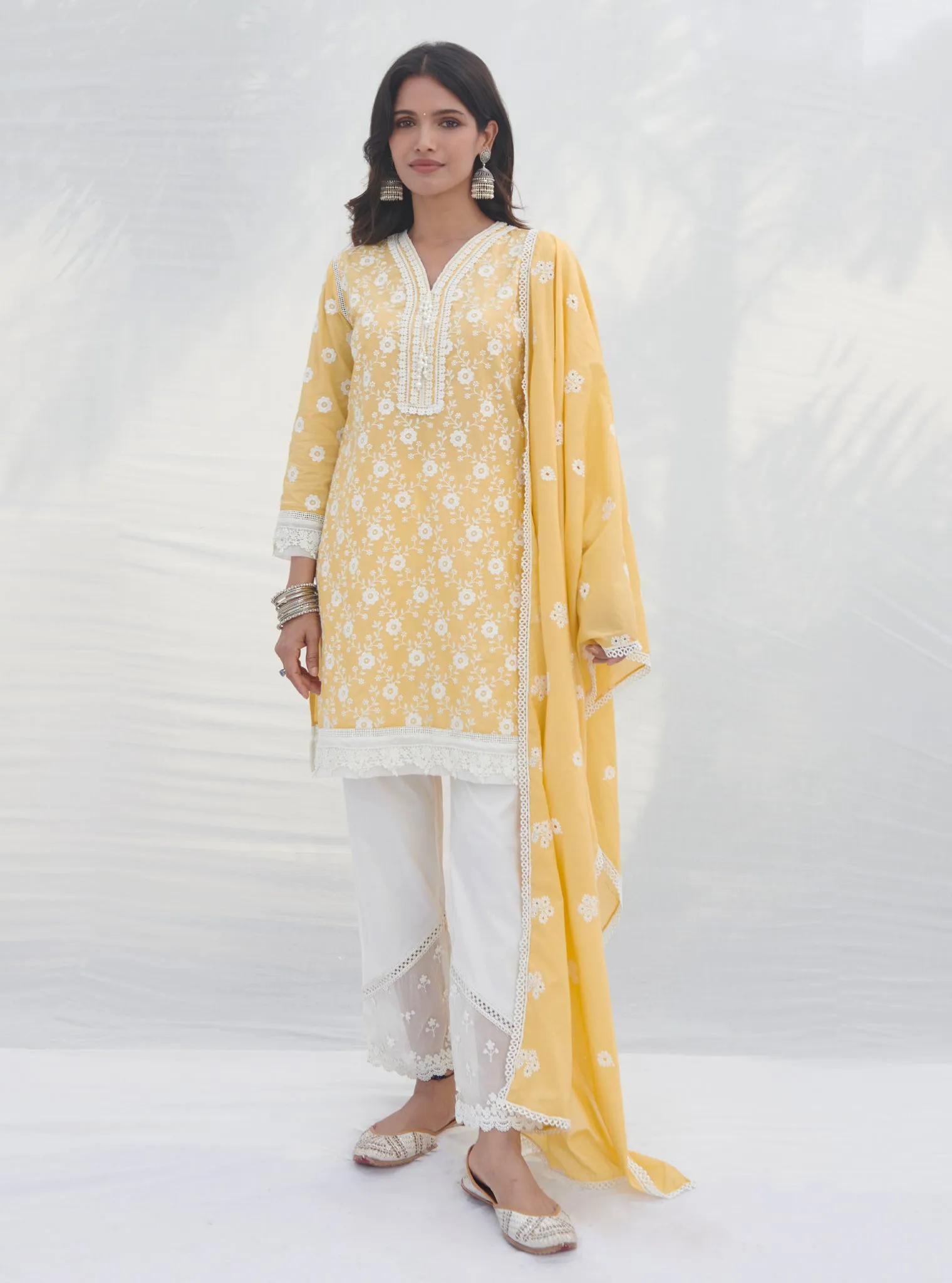 Mulmul Cotton Codli Yellow Kurta With Mulmul Cotton Applique Organza Panel White Pant