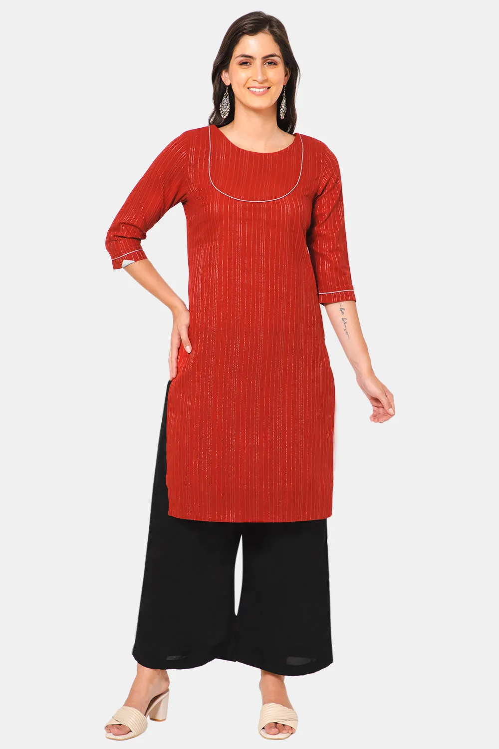 Mythri Women Knee Length Straight Cotton Kurtha - Red - KU38