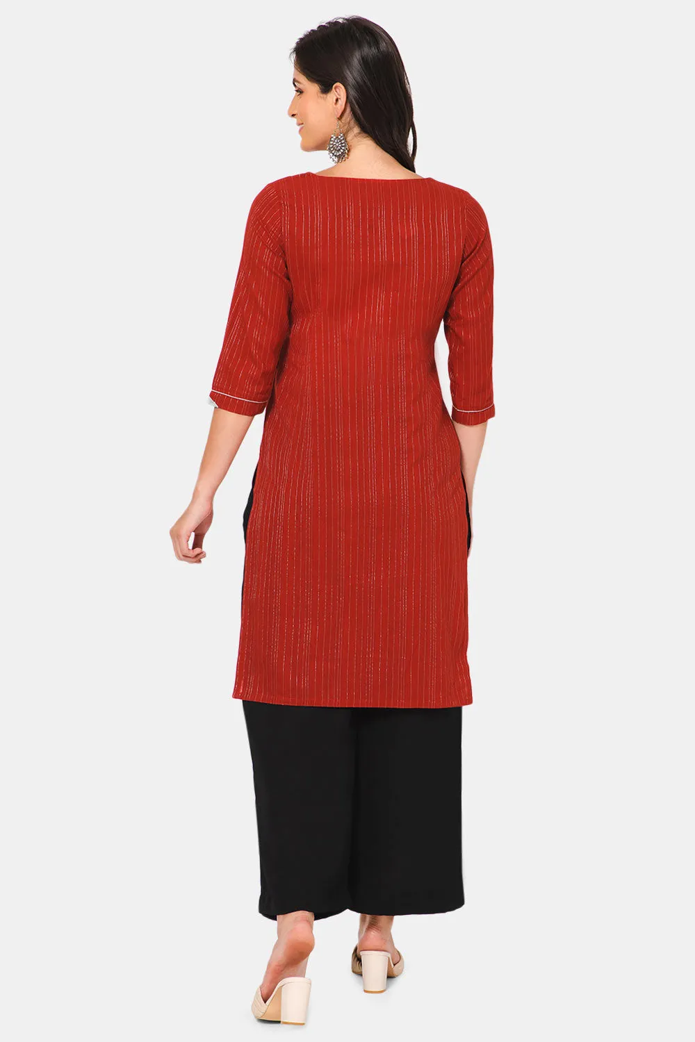 Mythri Women Knee Length Straight Cotton Kurtha - Red - KU38