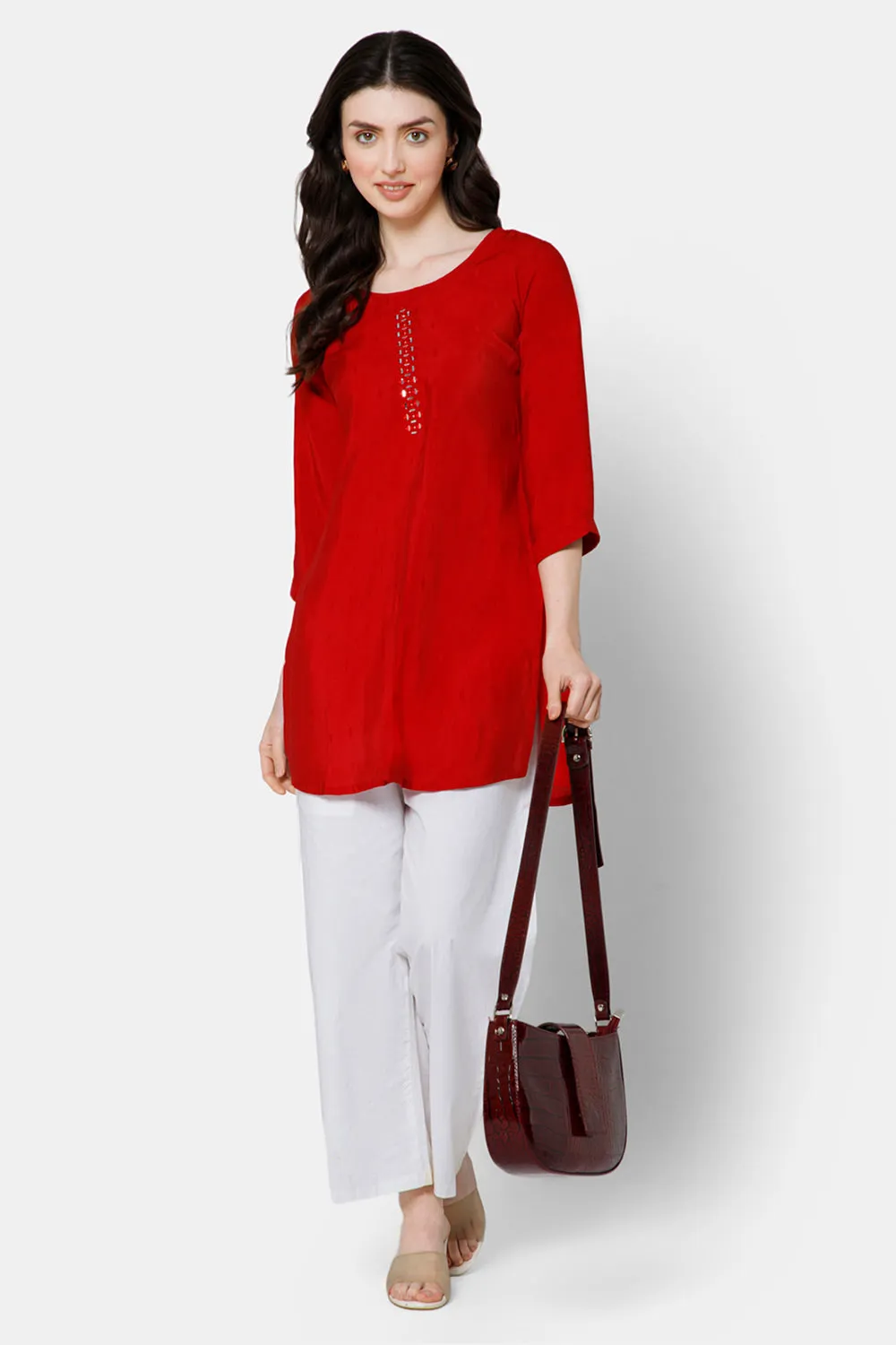 Mythri Women's Casual Tops with Mirror Work At The Center Front  - Red - E022