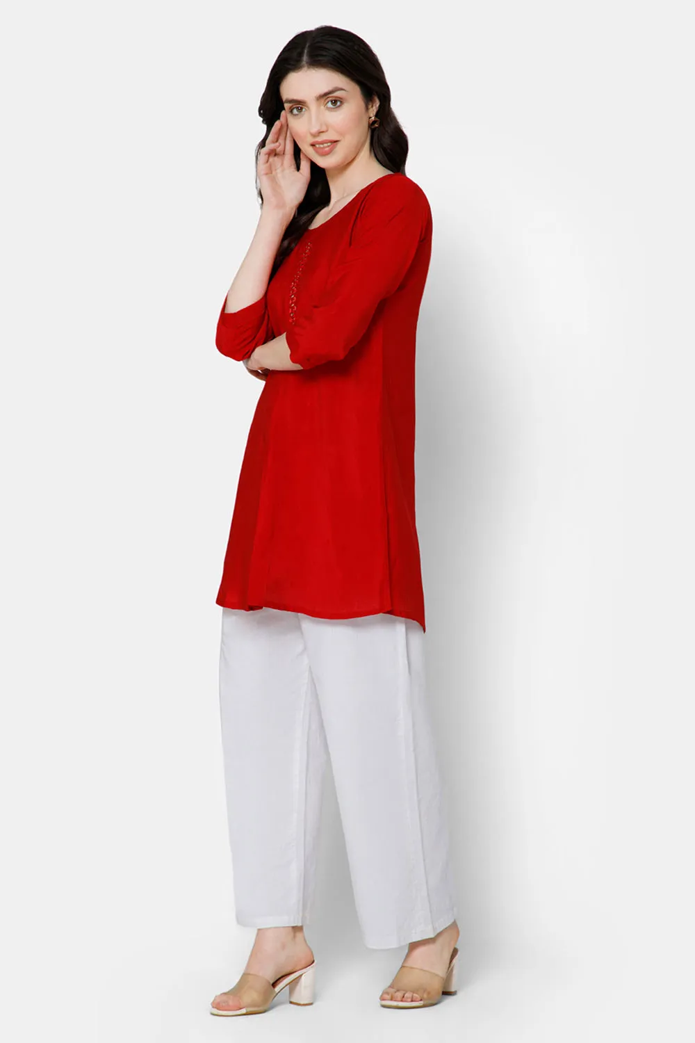 Mythri Women's Casual Tops with Mirror Work At The Center Front  - Red - E022