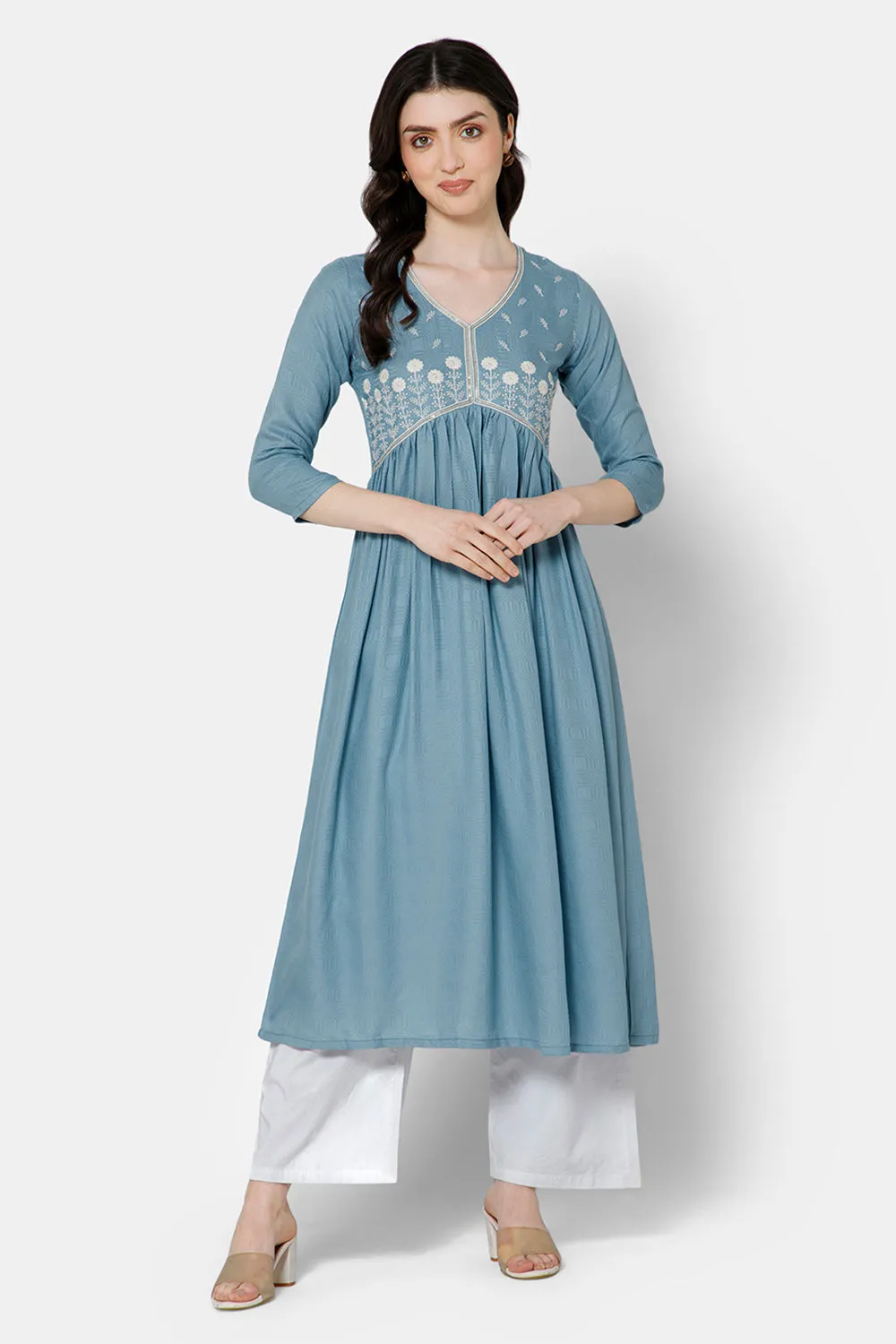 Mythri Women's Ethnic wear Kurthi with Elegant Lace Attachement At The Neckline - Blue - E081