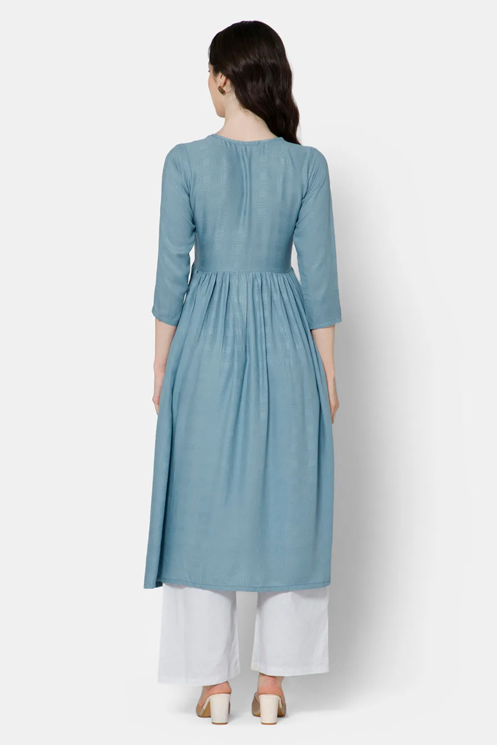 Mythri Women's Ethnic wear Kurthi with Elegant Lace Attachement At The Neckline - Blue - E081