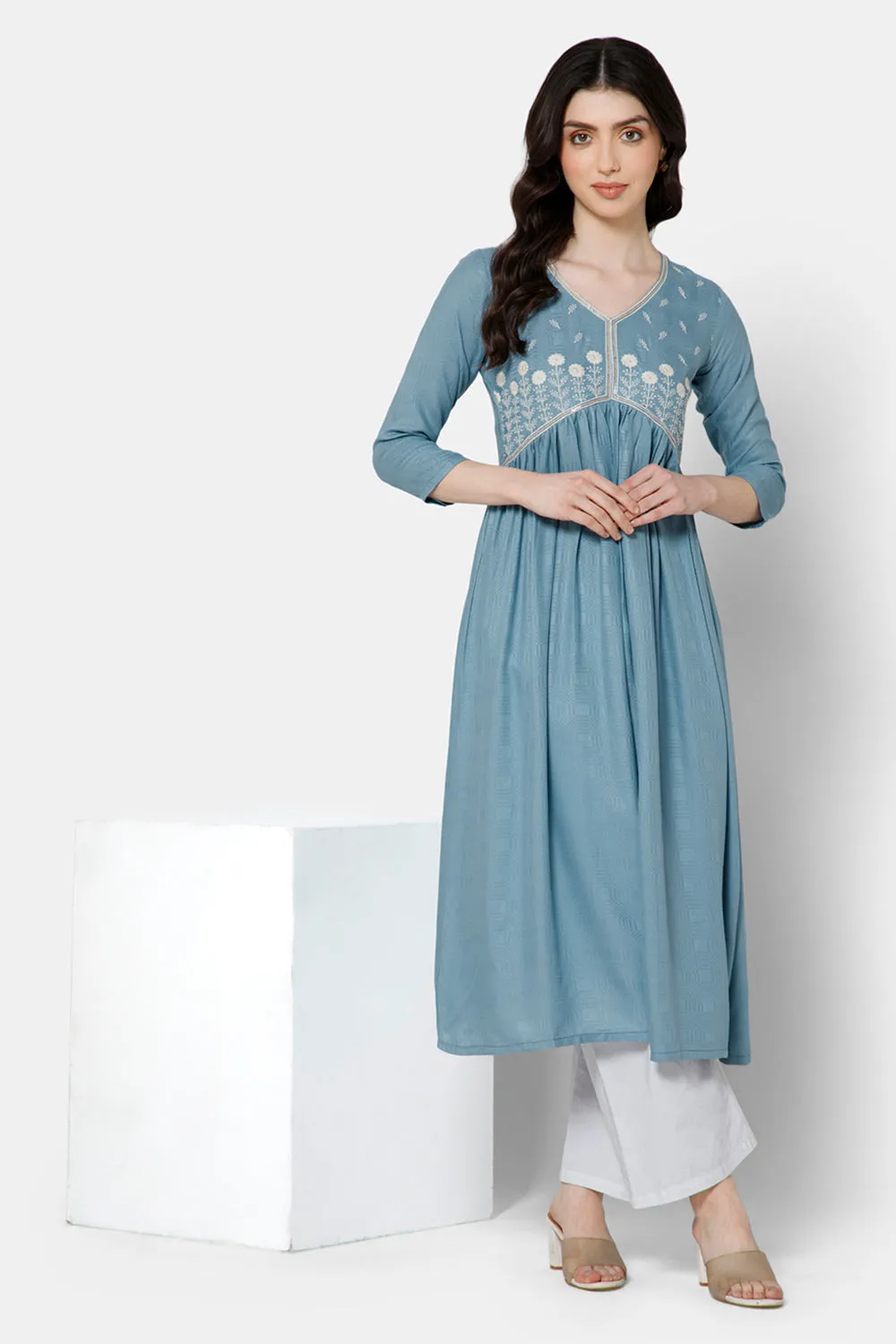 Mythri Women's Ethnic wear Kurthi with Elegant Lace Attachement At The Neckline - Blue - E081