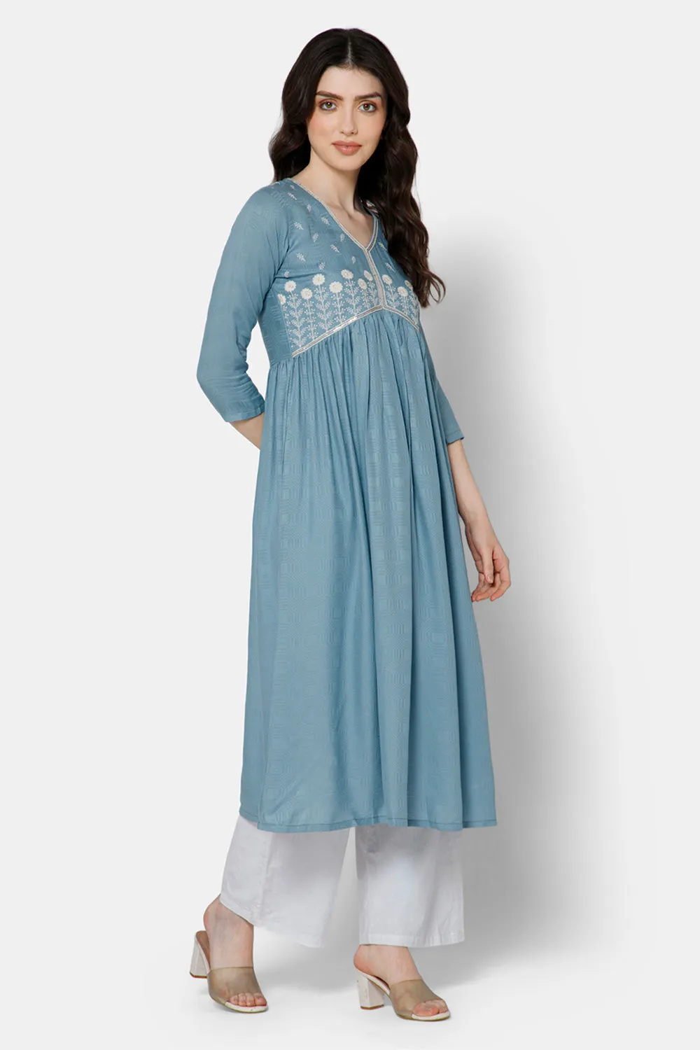 Mythri Women's Ethnic wear Kurthi with Elegant Lace Attachement At The Neckline - Blue - E081