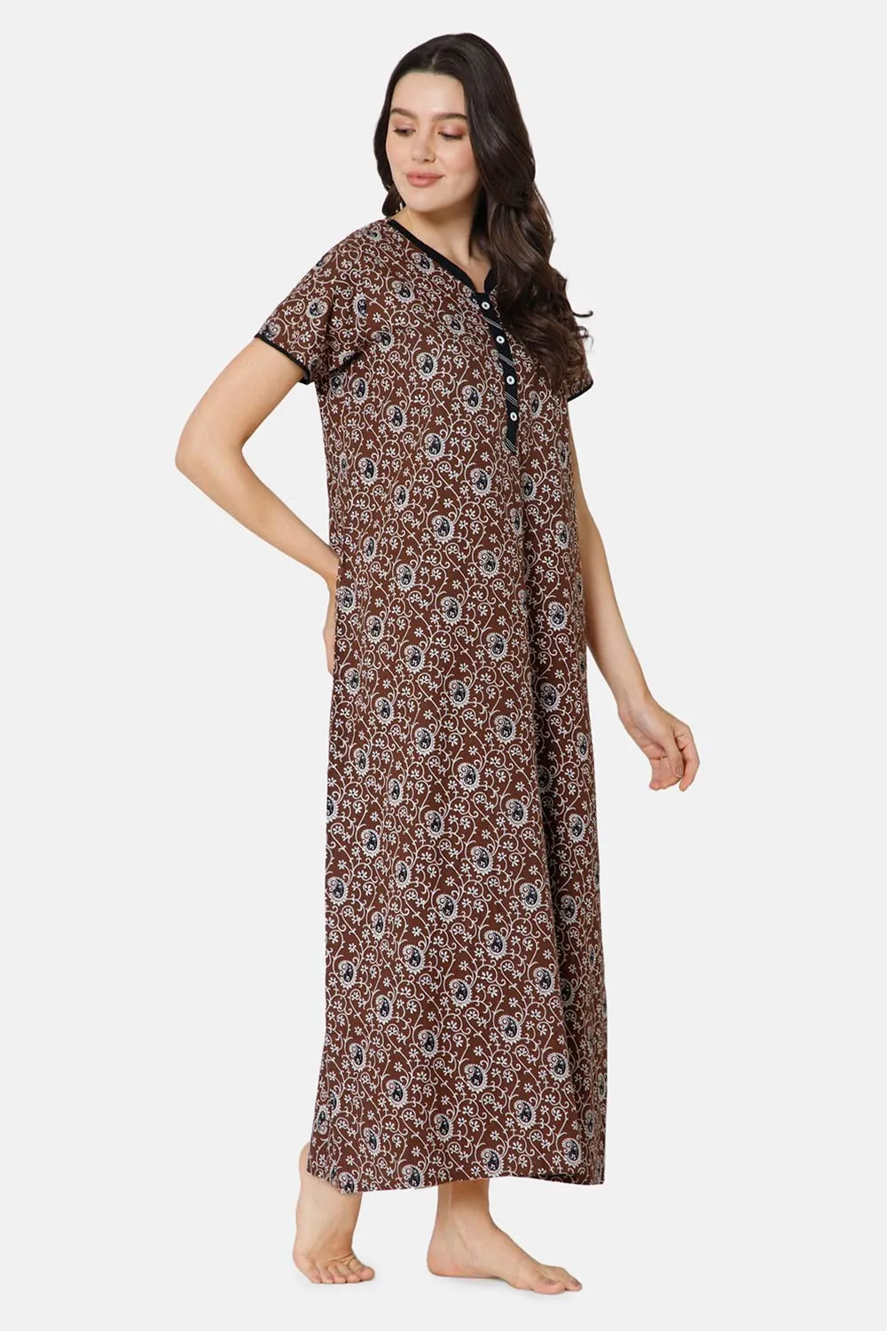 Naidu Hall A-line Front Open Women's Nighty Full Length Half Sleeve  - Brown - R122