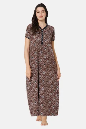 Naidu Hall A-line Front Open Women's Nighty Full Length Half Sleeve  - Brown - R122