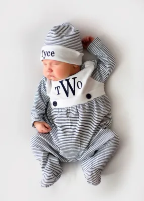 Navy Mini Stripe Bib Front Footie & Hat