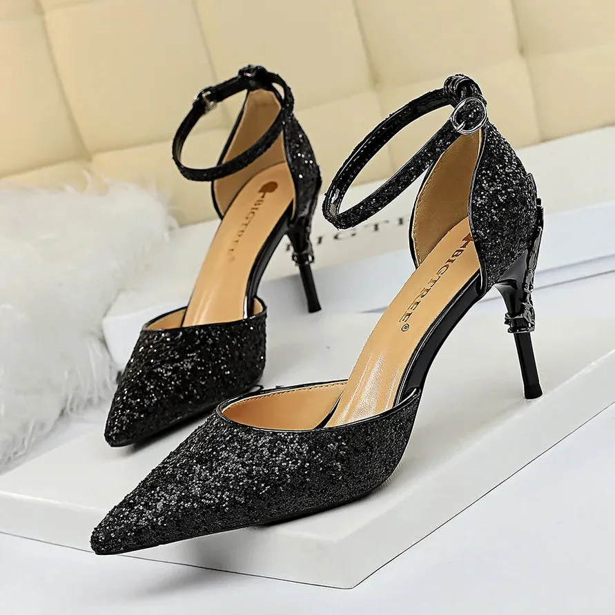 New Summer Women 7.5cm 9.5cm High Heels Bling Sandals Lady Wedding Bridal Low Heels Gold Silver Sandles Sparkly Sequins Shoes