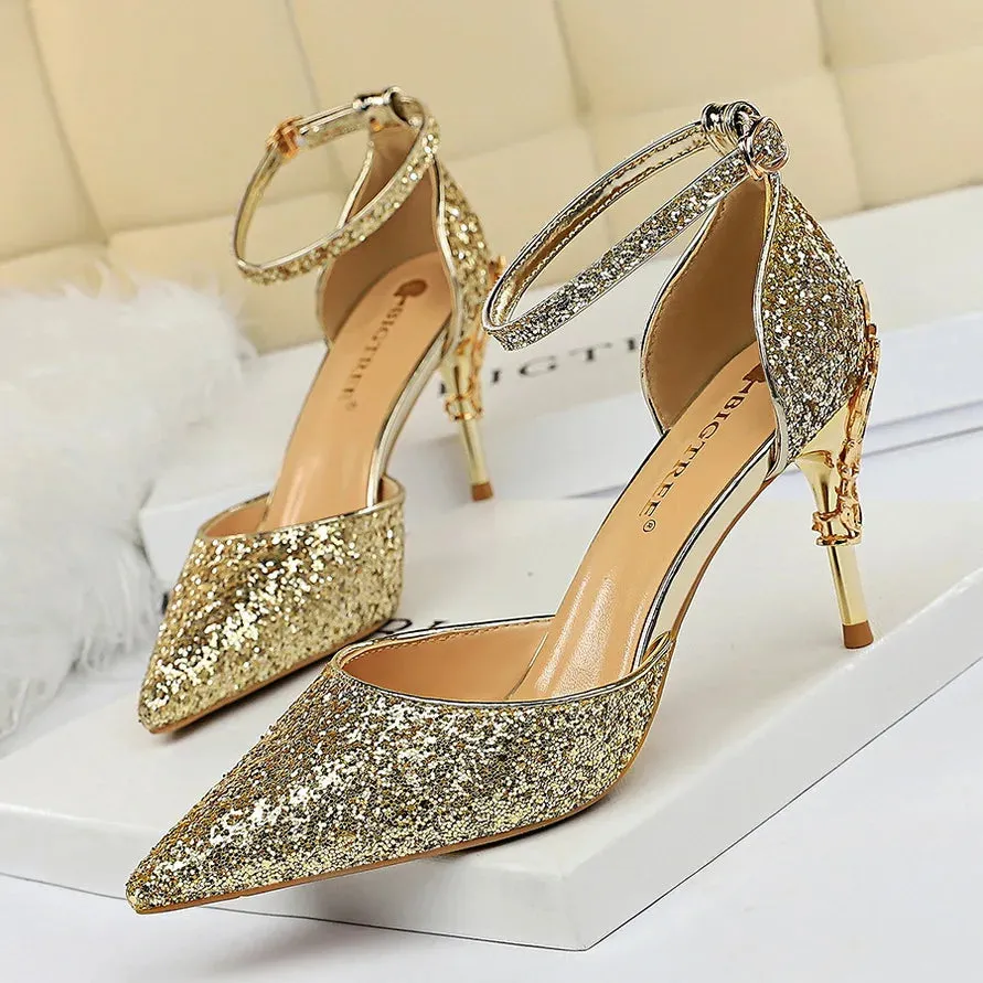 New Summer Women 7.5cm 9.5cm High Heels Bling Sandals Lady Wedding Bridal Low Heels Gold Silver Sandles Sparkly Sequins Shoes