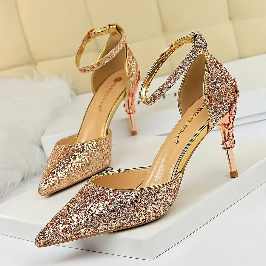 New Summer Women 7.5cm 9.5cm High Heels Bling Sandals Lady Wedding Bridal Low Heels Gold Silver Sandles Sparkly Sequins Shoes